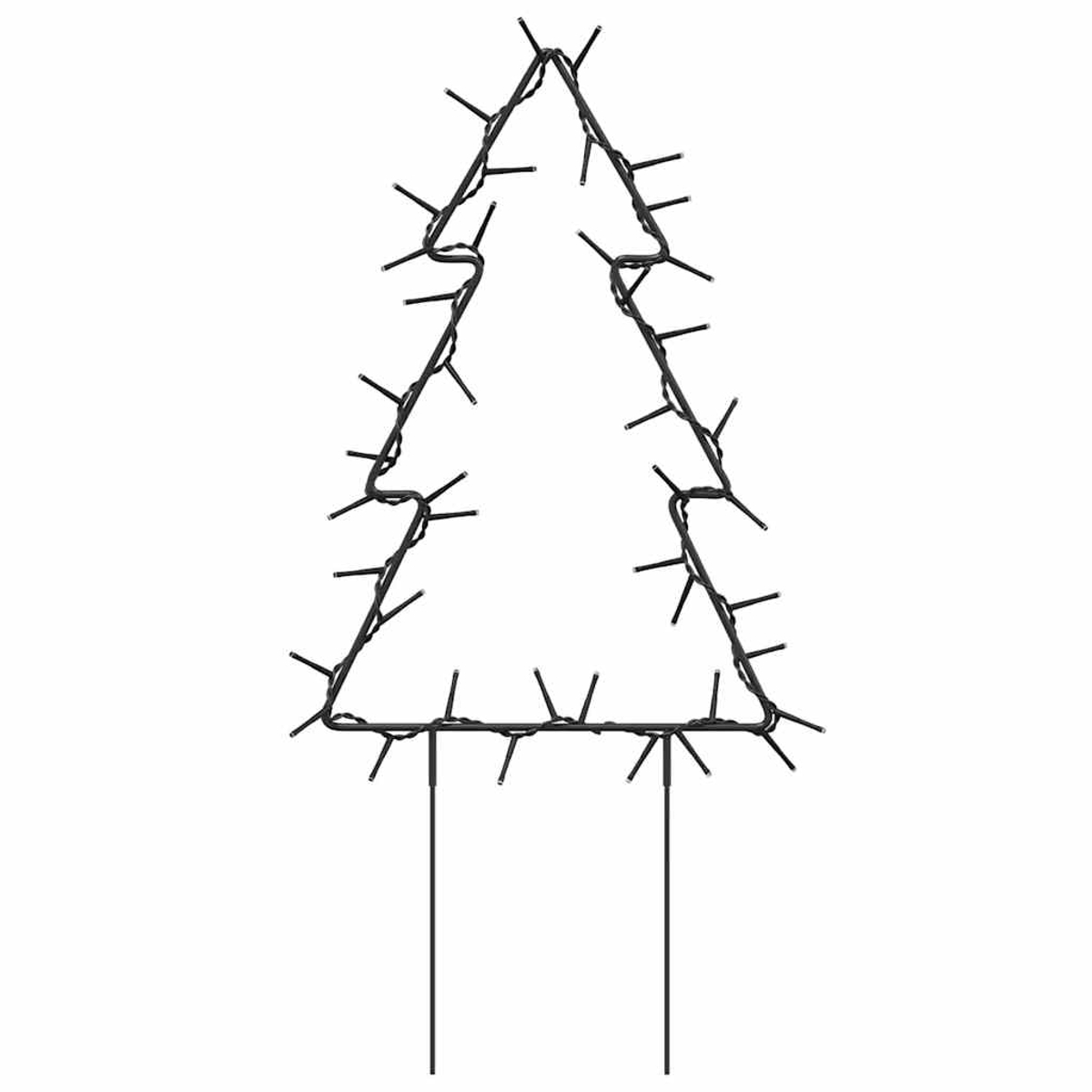 Ein metallener Weihnachtsbaumumriss mit Lichtern. Er hat zwei Stützpfosten am Boden. Der Hintergrund ist weiß.