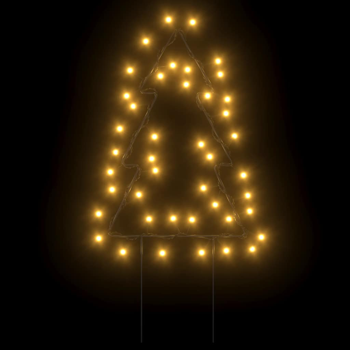 Eine weihnachtsbaumförmige Lichtanzeige. Die Umrisse bestehen aus Draht. Gelbe Lichter beleuchten die Form vor schwarzem Hintergrund.