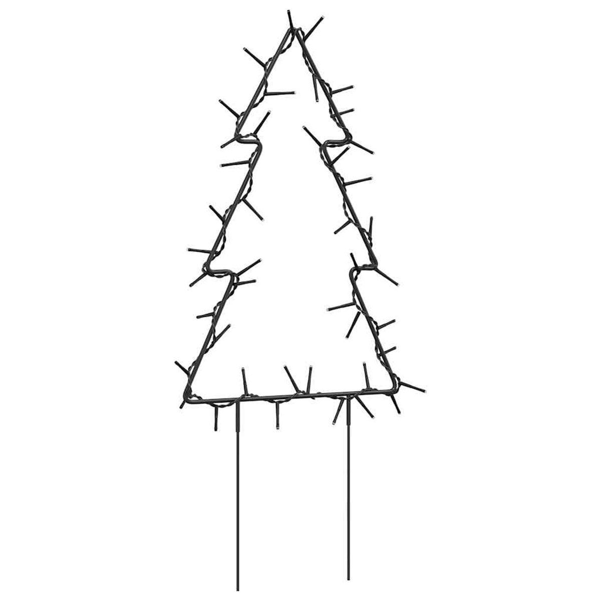 Eine schwarze, weihnachtsbaumförmige Lichtanzeige. Sie besteht aus einem Drahtrahmen, kleinen Lichtern und zwei Pfählen zur Bodenbefestigung.