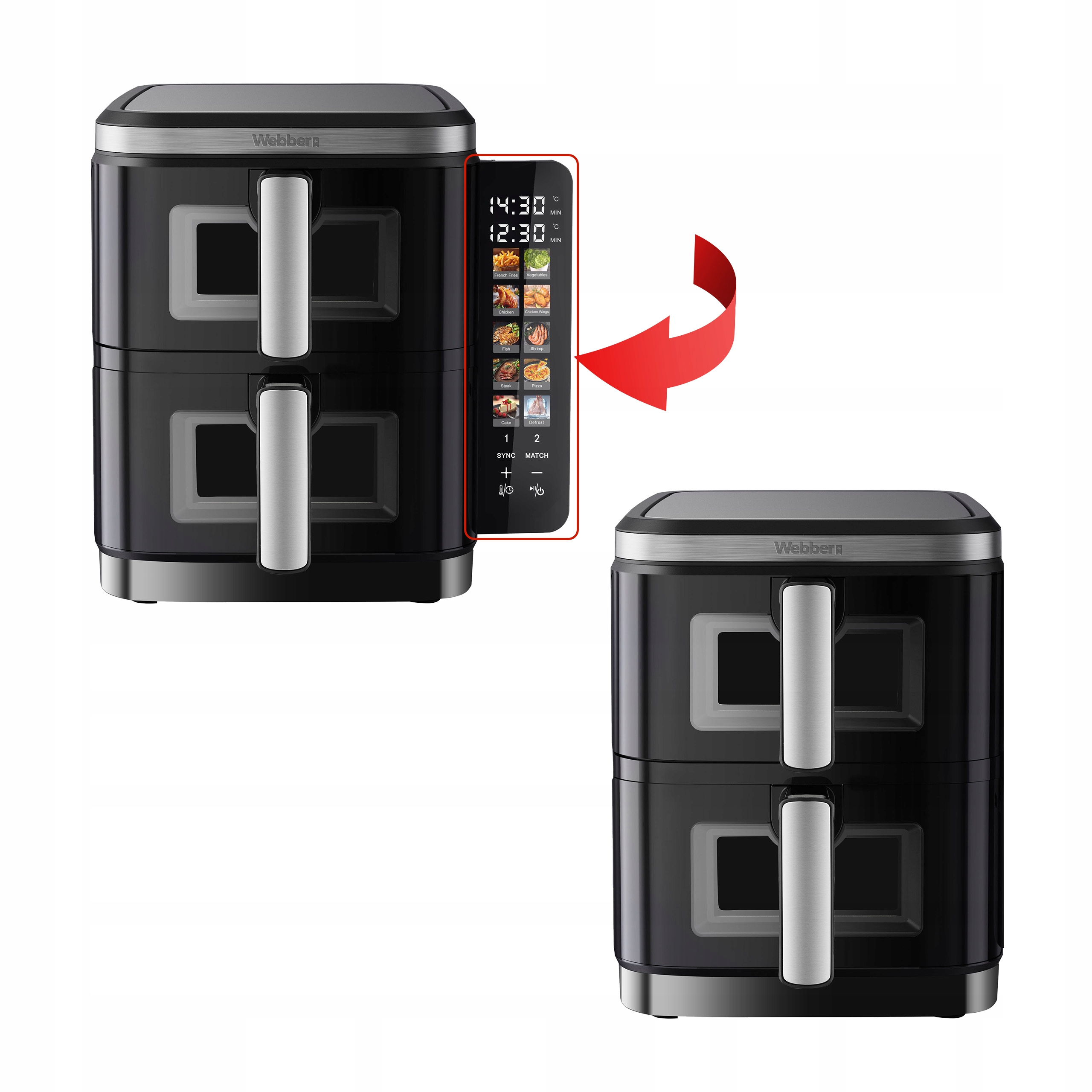 Czarna frytownica powietrzna z cyfrowym wyświetlaczem czasu i opcji jedzenia. Czerwona strzałka wskazuje na wyświetlacz.