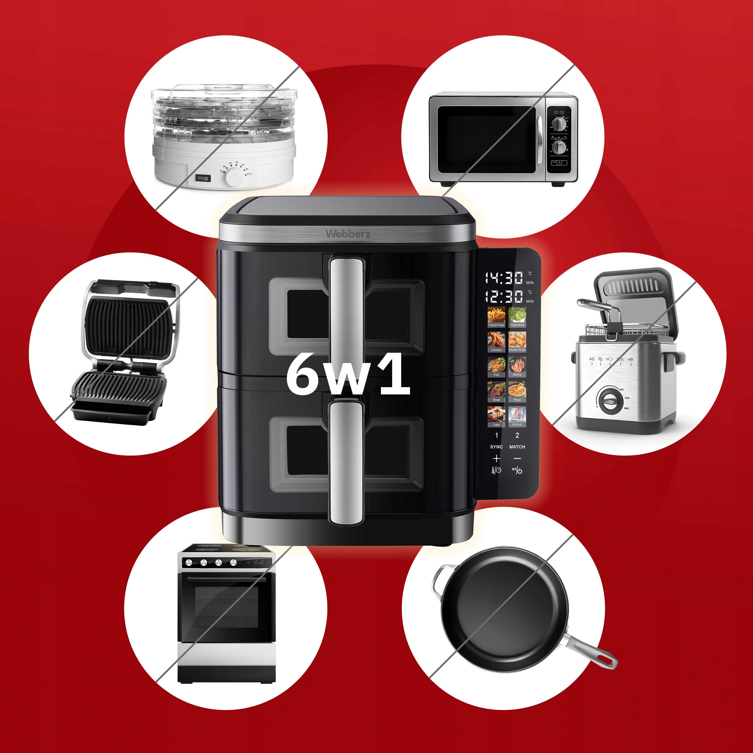 Obraz przedstawia czarne urządzenie 6 w 1 z innymi urządzeniami kuchennymi na czerwonym tle.
