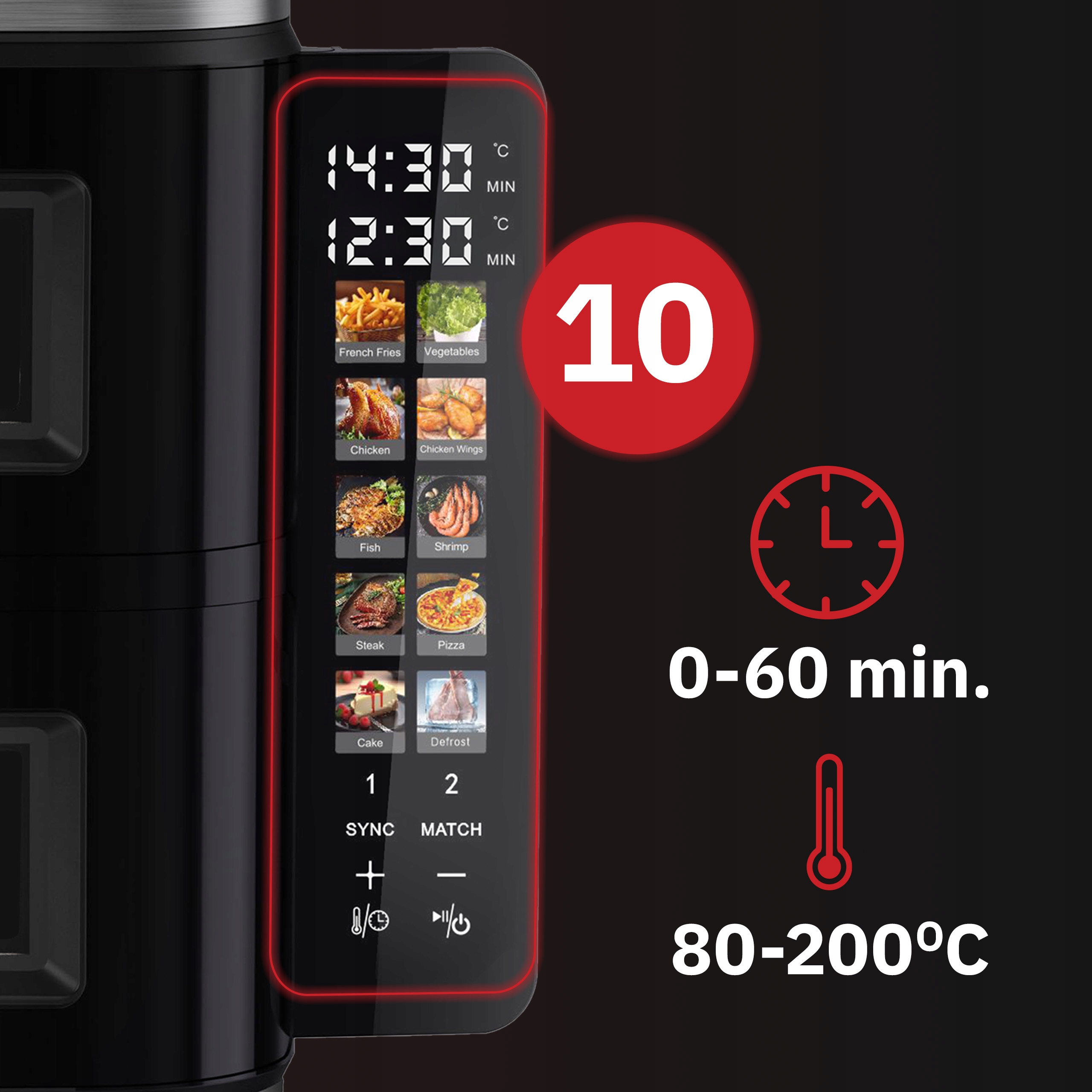 Zbliżenie panelu sterowania frytkownicy powietrznej. Wyświetla czas, temperaturę i opcje jedzenia, takie jak frytki i pizza.