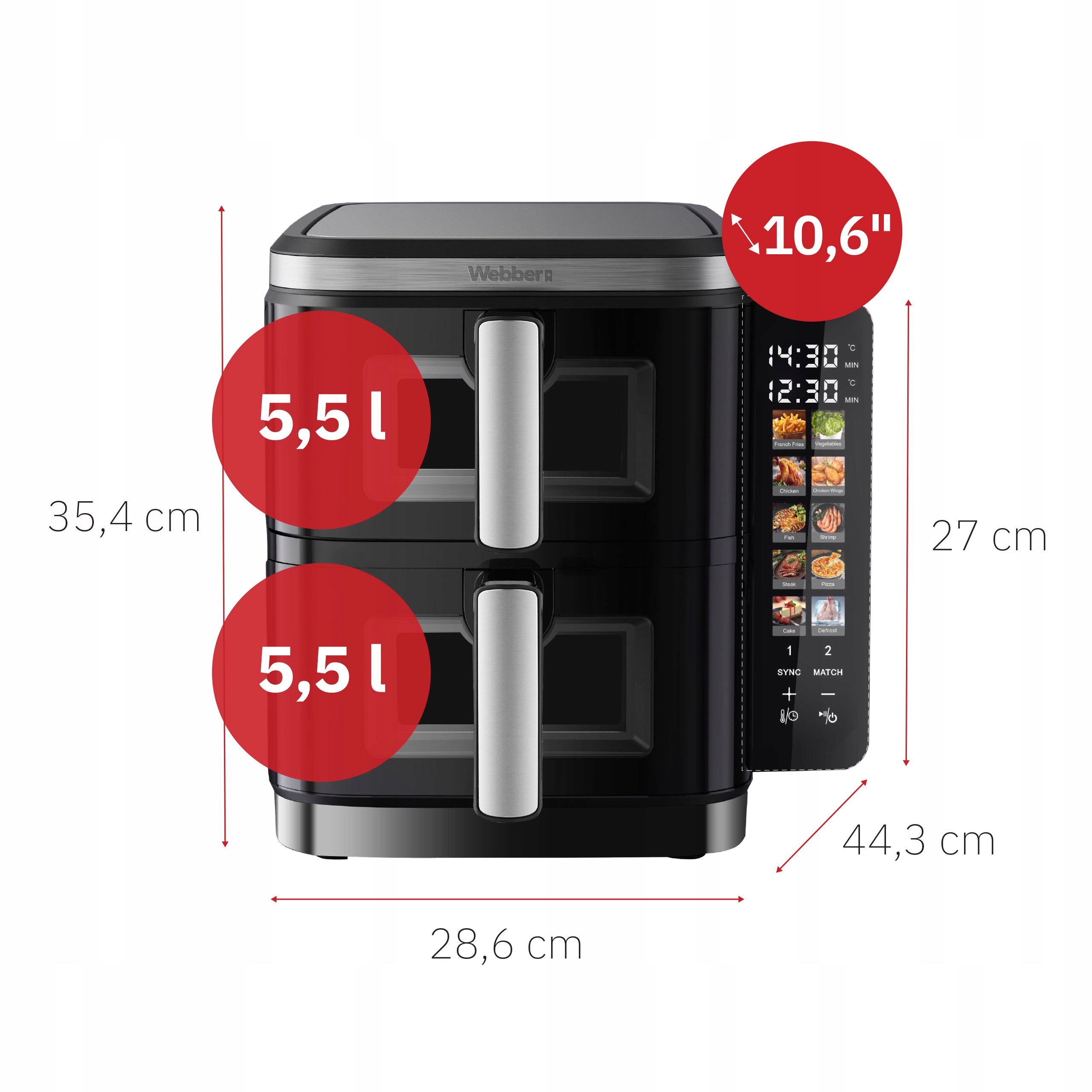 Czarna frytkownica beztłuszczowa Webber z wymiarami. Posiada wyświetlacz cyfrowy, dwie komory i opcje jedzenia.