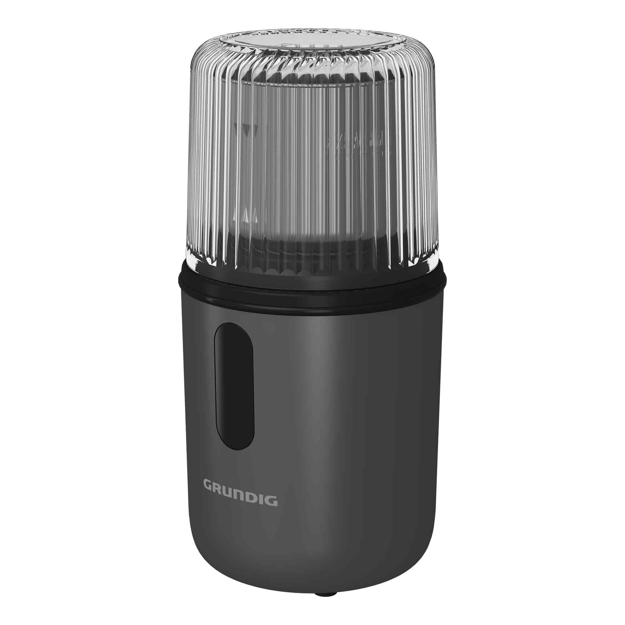 Ein dunkelgrauer Grundig Kaffeemühle. Es hat eine transparente, gerippte Oberseite und eine dunkelgraue Basis.