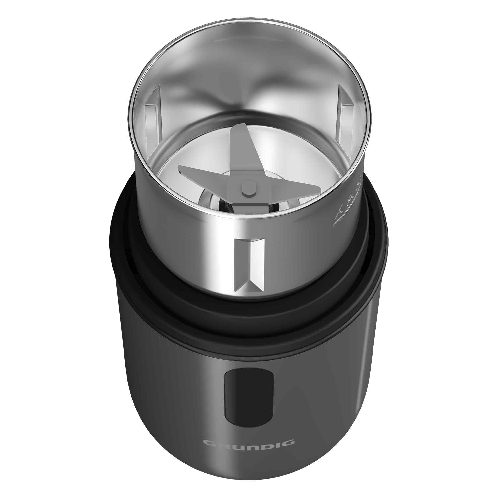 Eine metallische Kaffeemühle mit einer Klinge im Inneren. Die Basis ist dunkelgrau, die Oberseite silberfarben. Der Markenname ist sichtbar.