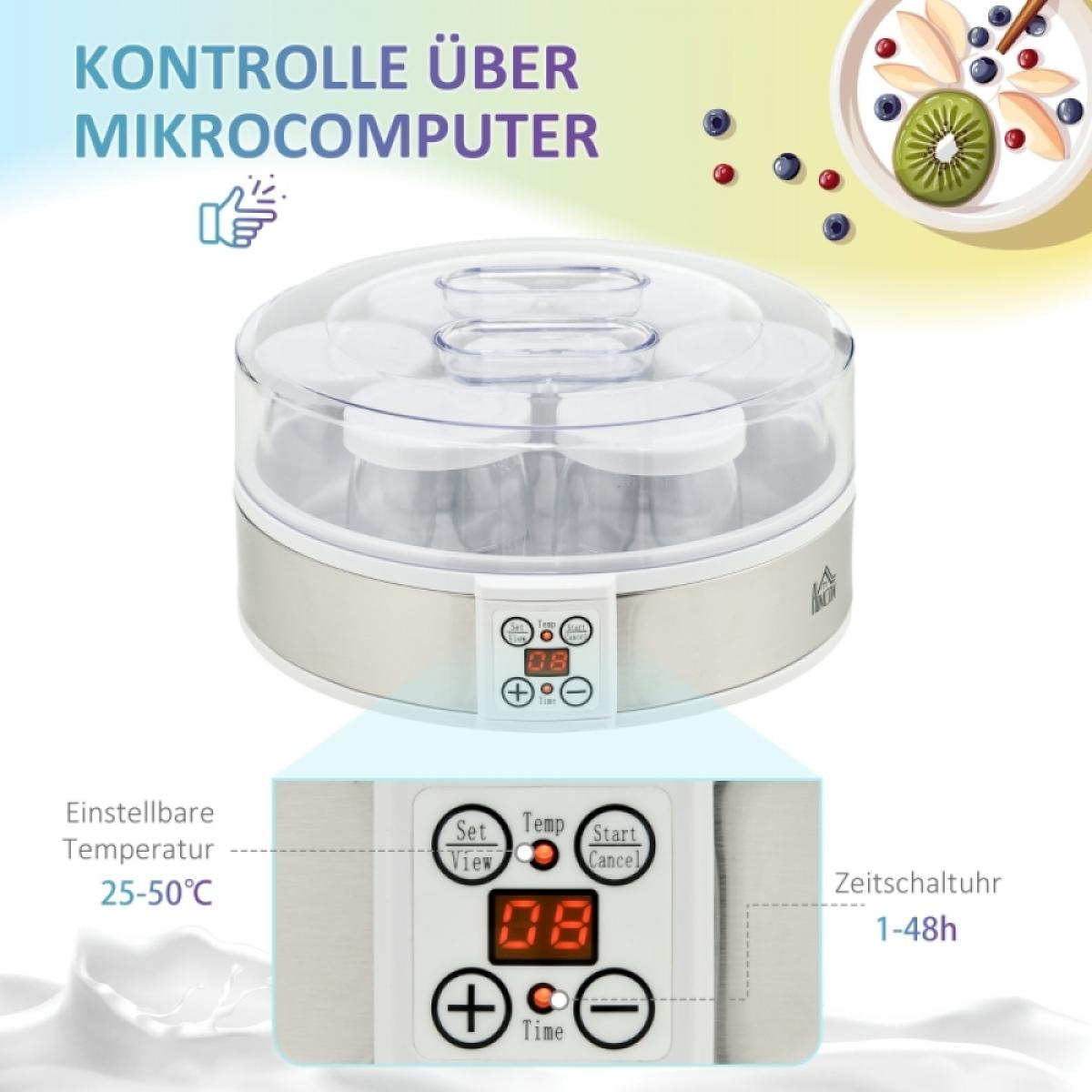 Ein Joghurtbereiter mit Digitalanzeige '08'. Er hat einen transparenten Deckel, mehrere Gläser und ein Bedienfeld mit Tasten.