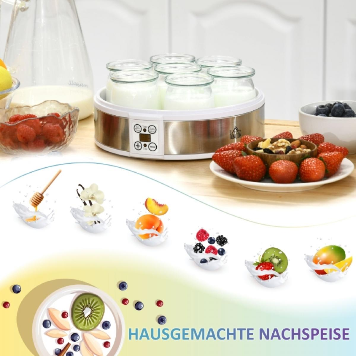 Joghurtbereiter mit Gläsern. Erdbeeren, Nüsse und Blaubeeren. Honig- und Fruchtspritzer-Illustrationen. Text: Hausgemachte Nachspeise.