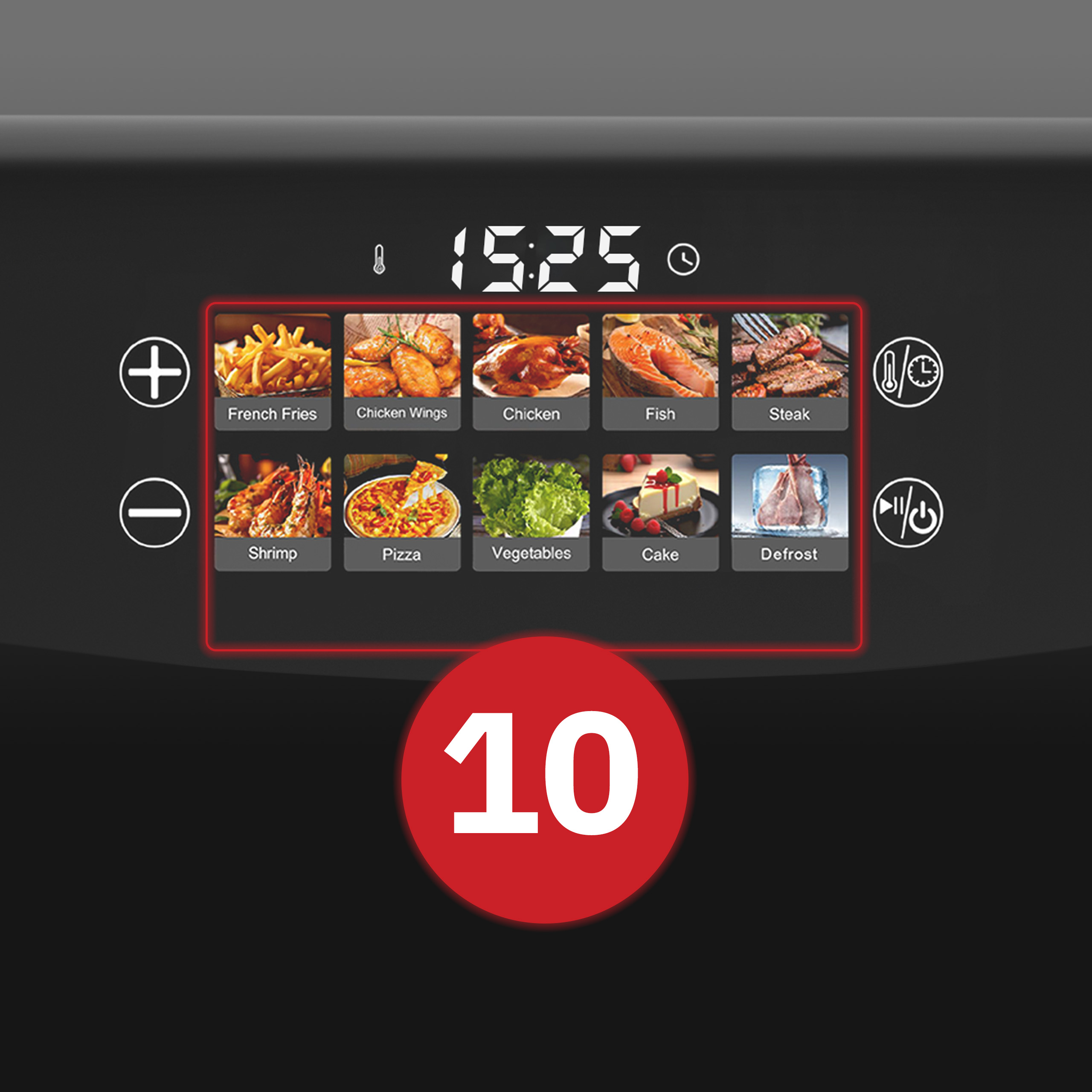 Czarny panel sterowania frytkownicy powietrznej z opcjami jedzenia, timerem i dużym czerwonym okręgiem z liczbą 10.