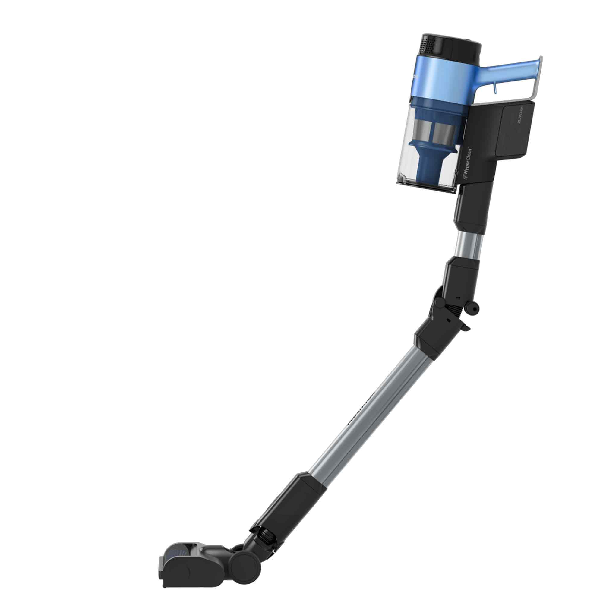 Ein kabelloser Staubsauger mit blauen und schwarzen Komponenten. Der Staubsauger ist diagonal vor weißem Hintergrund.