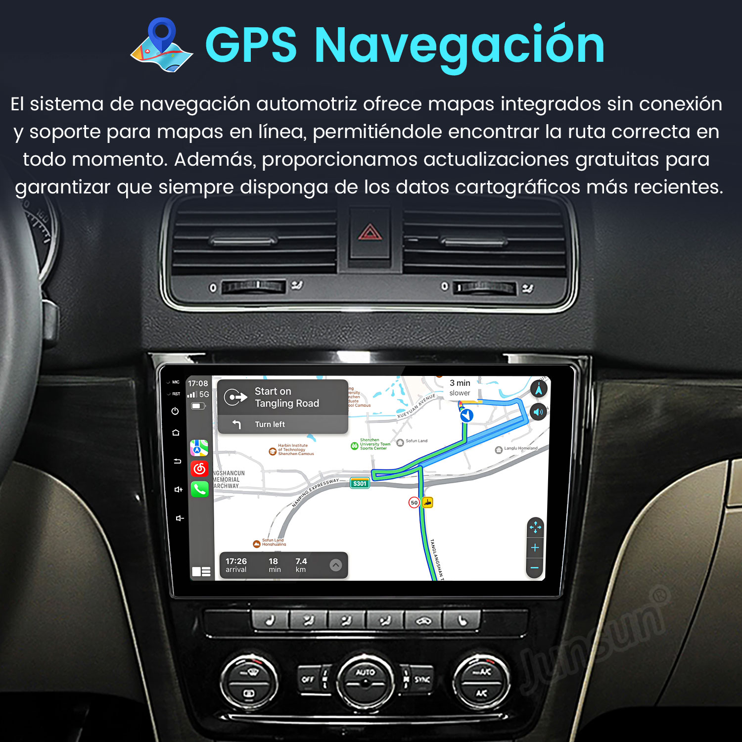 Panel del automóvil mostrando una pantalla de navegación GPS con mapa y guía de ruta, mostrando direcciones.