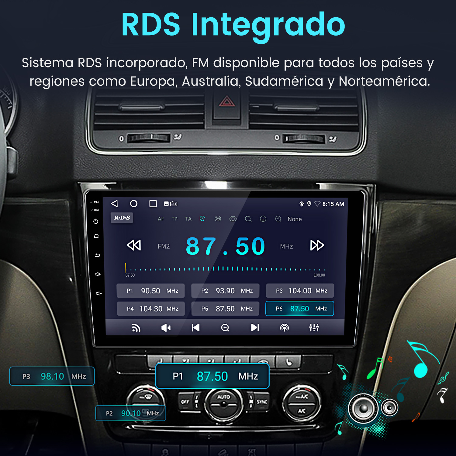 Pantalla de radio de coche que muestra información de radio FM. Muestra la frecuencia 87.50 MHz, el logotipo RDS y otros ajustes. El fondo es un interior de coche.