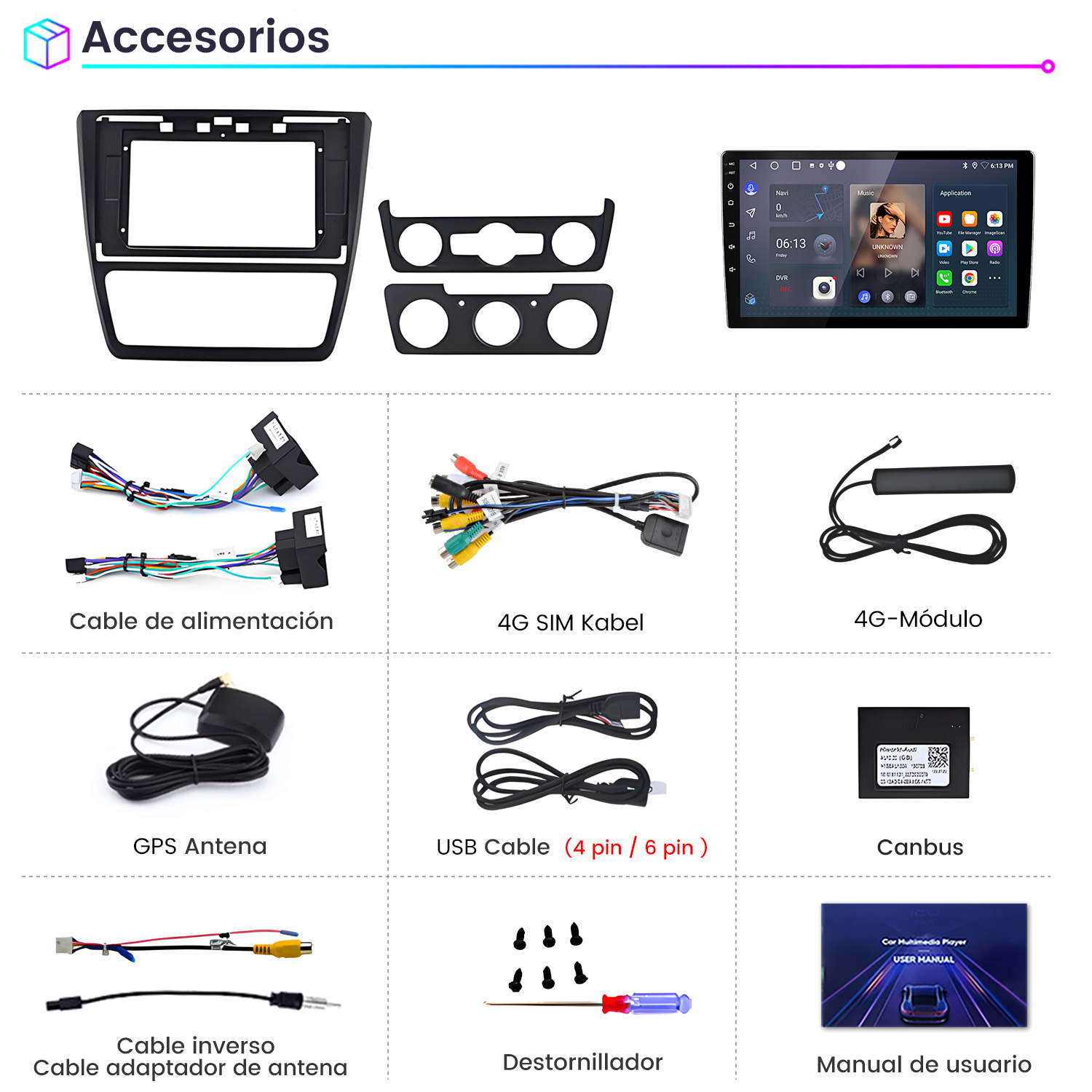 Accesorios multimedia para coche: cables, pantalla, antena y herramientas, sobre fondo blanco.