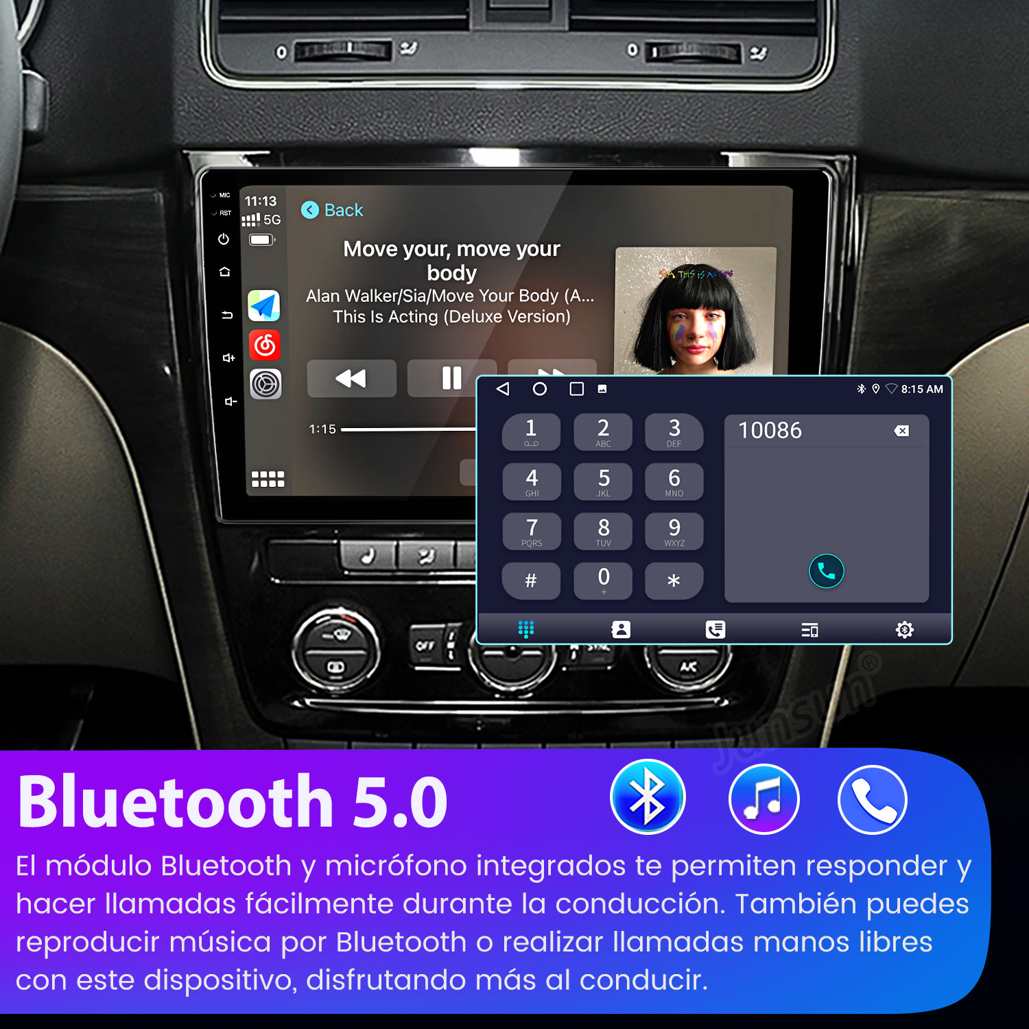 Pantalla del estéreo del coche que muestra música y un marcador telefónico. Logotipo de Bluetooth 5.0 en la parte inferior, con texto sobre llamadas manos libres.