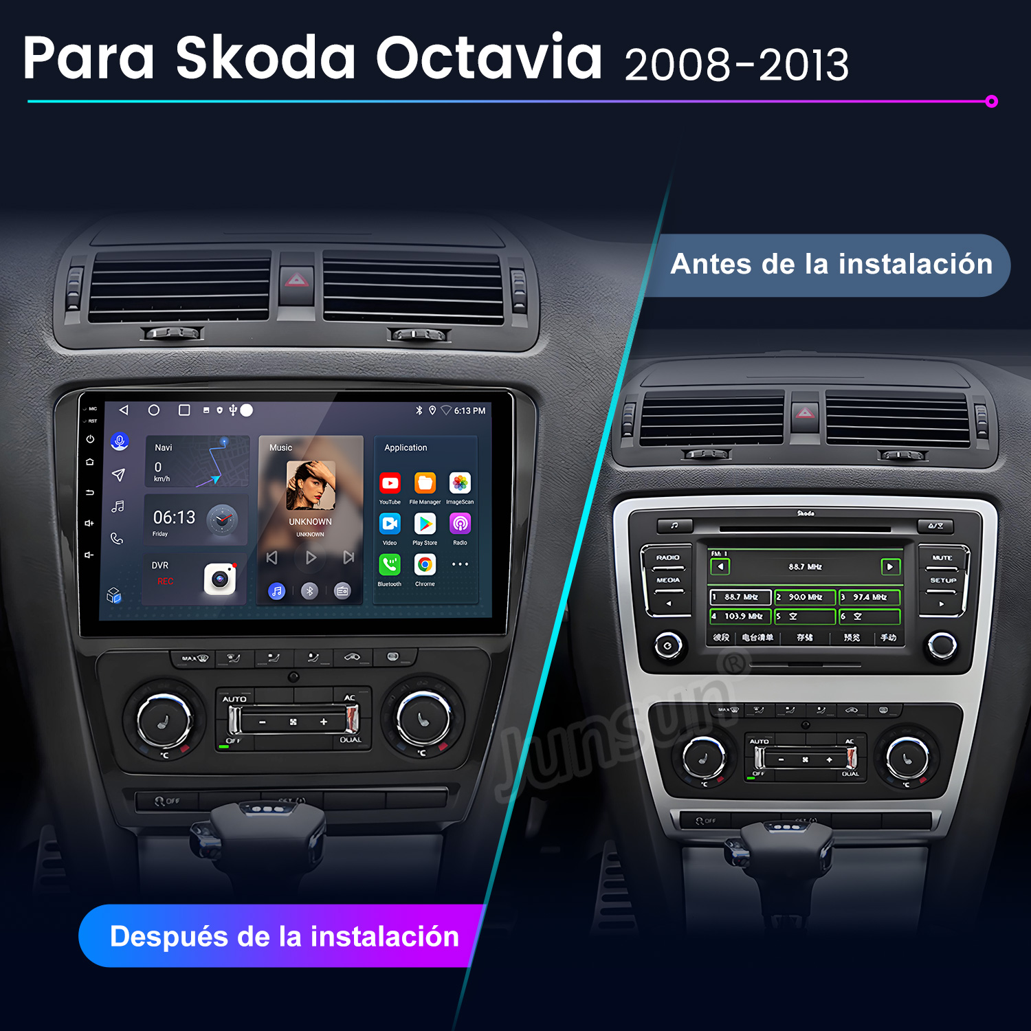 Comparación del salpicadero del coche: radio antiguo vs pantalla táctil con navegación. Muestra antes y después.
