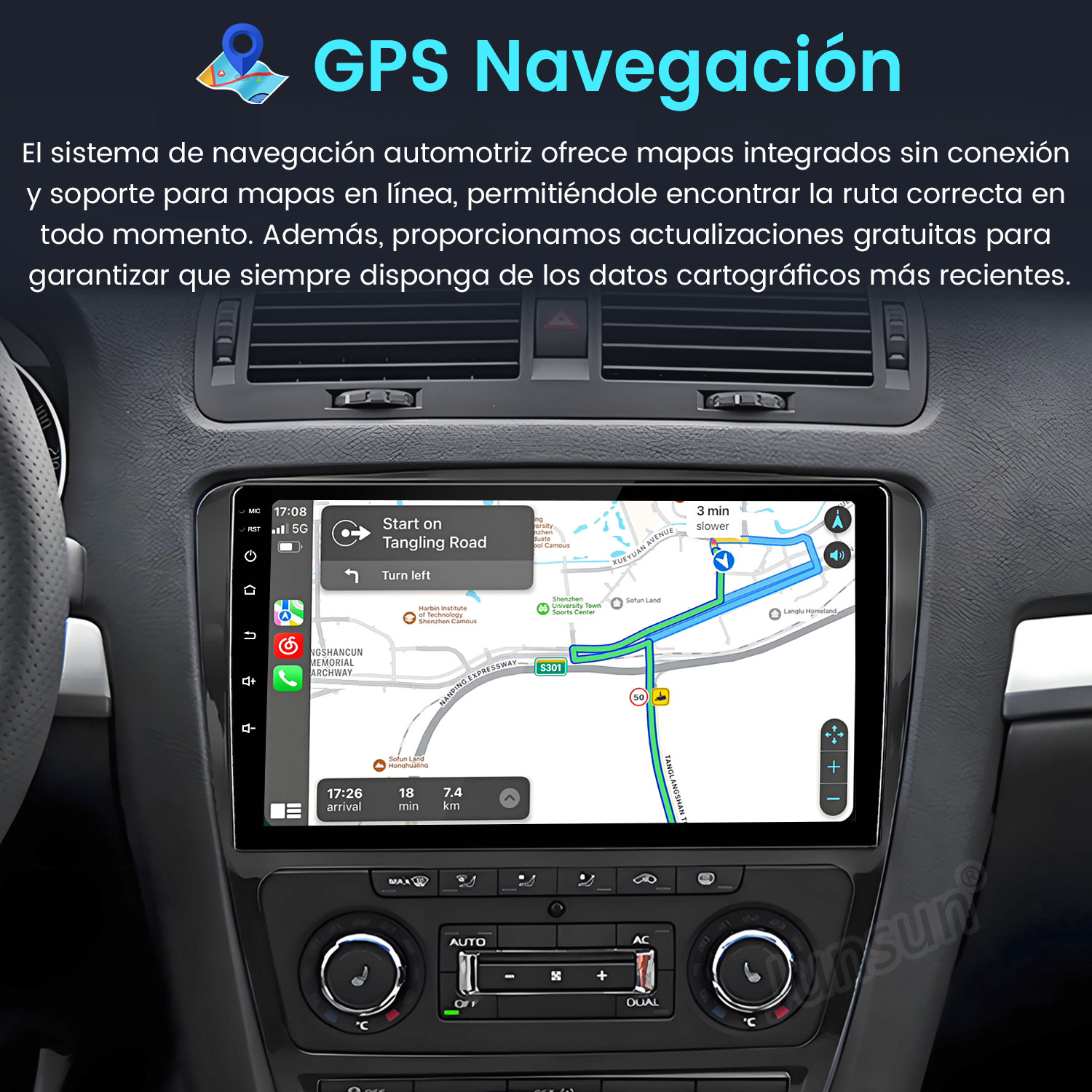 La pantalla de navegación del coche muestra un mapa con indicaciones de ruta. Controles del salpicadero visibles abajo.