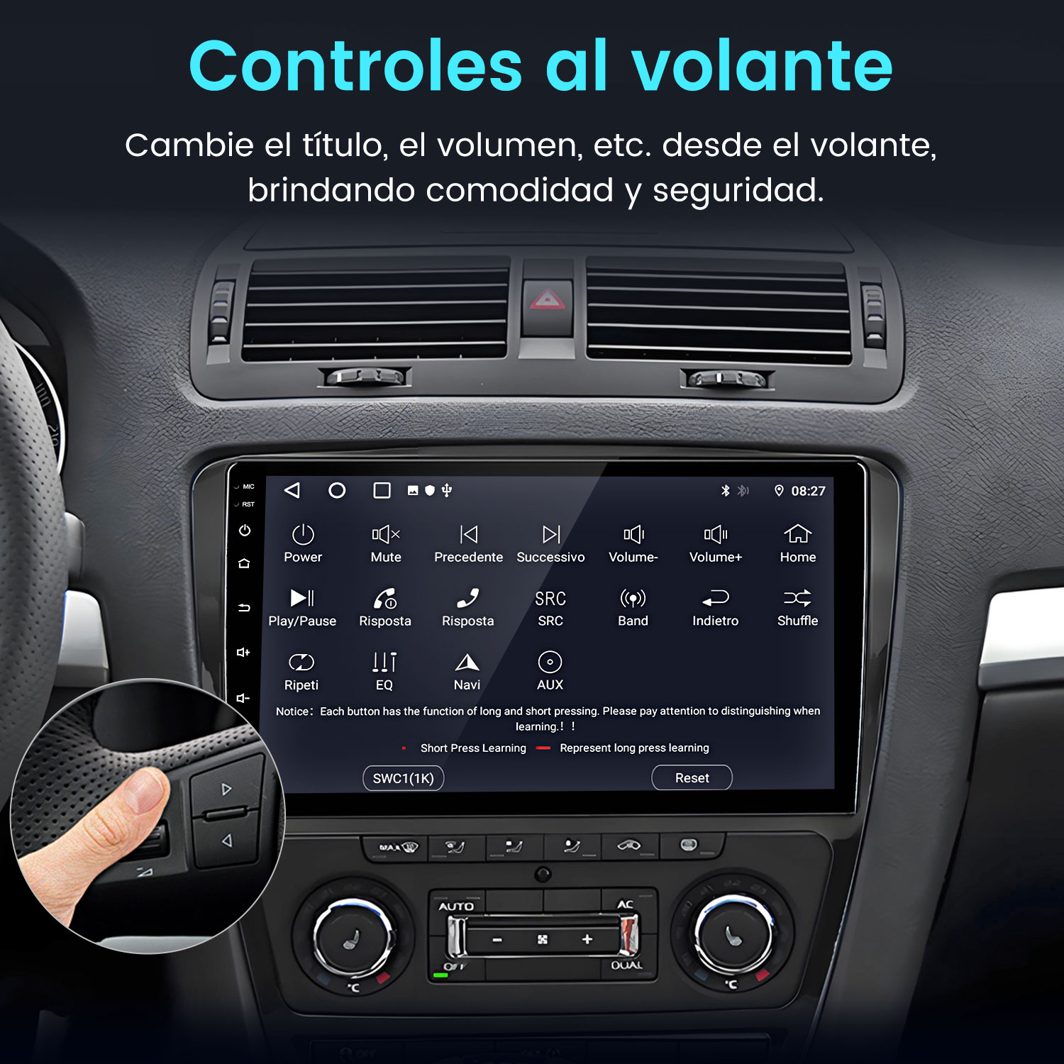 Panel de control del coche con pantalla que muestra controles. Una mano presiona un botón del volante. Texto: 'Controles al volante'.