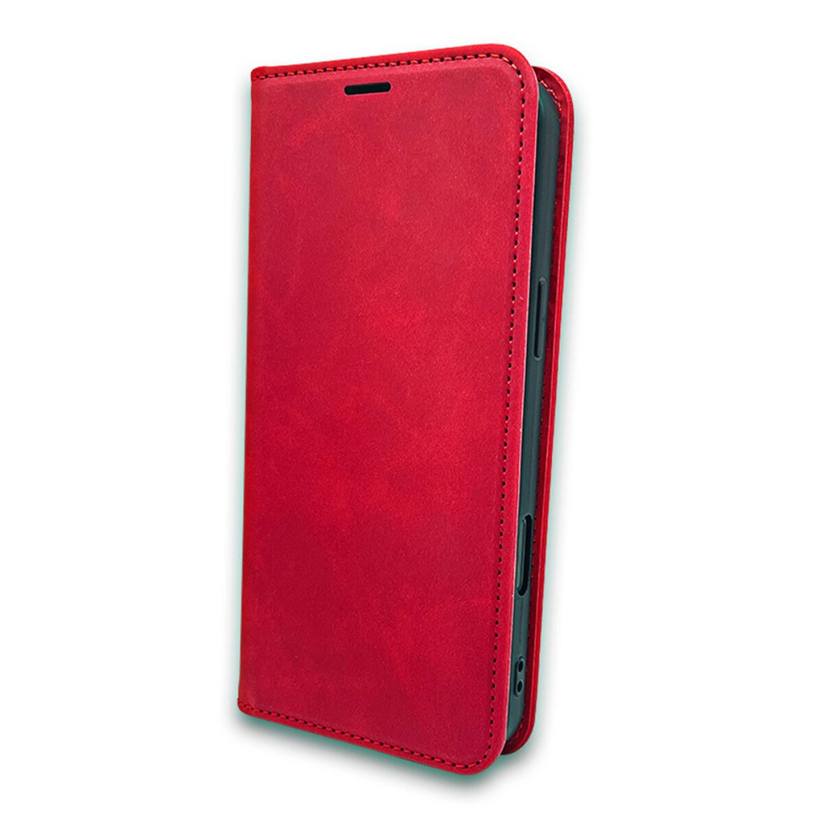 Eine rote Leder-Handyhülle, geöffnet, um ein schwarzes Telefon im Inneren zu zeigen. Die Hülle ist genäht und hat einen Magnetverschluss.