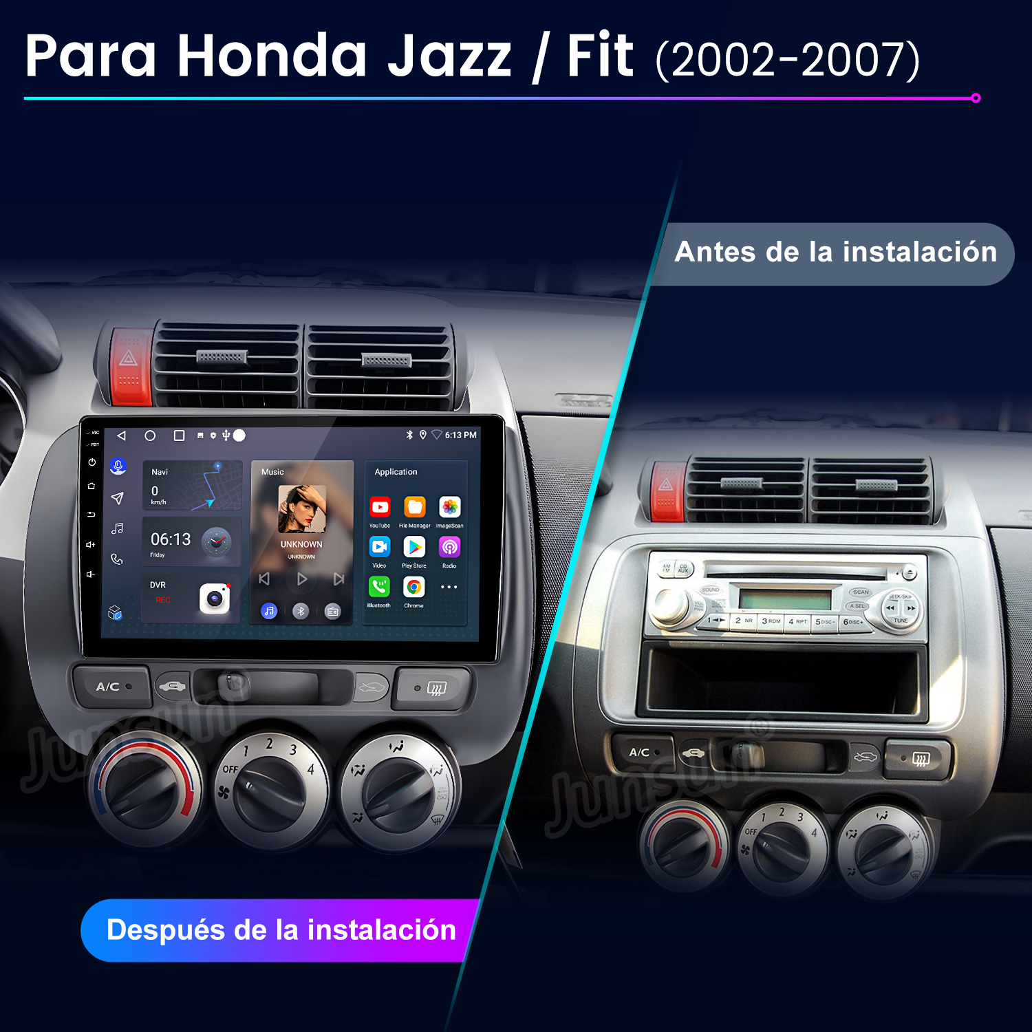 La imagen muestra un salpicadero de coche antes y después de la instalación de un nuevo sistema multimedia. Incluye controles, pantalla y texto en español.