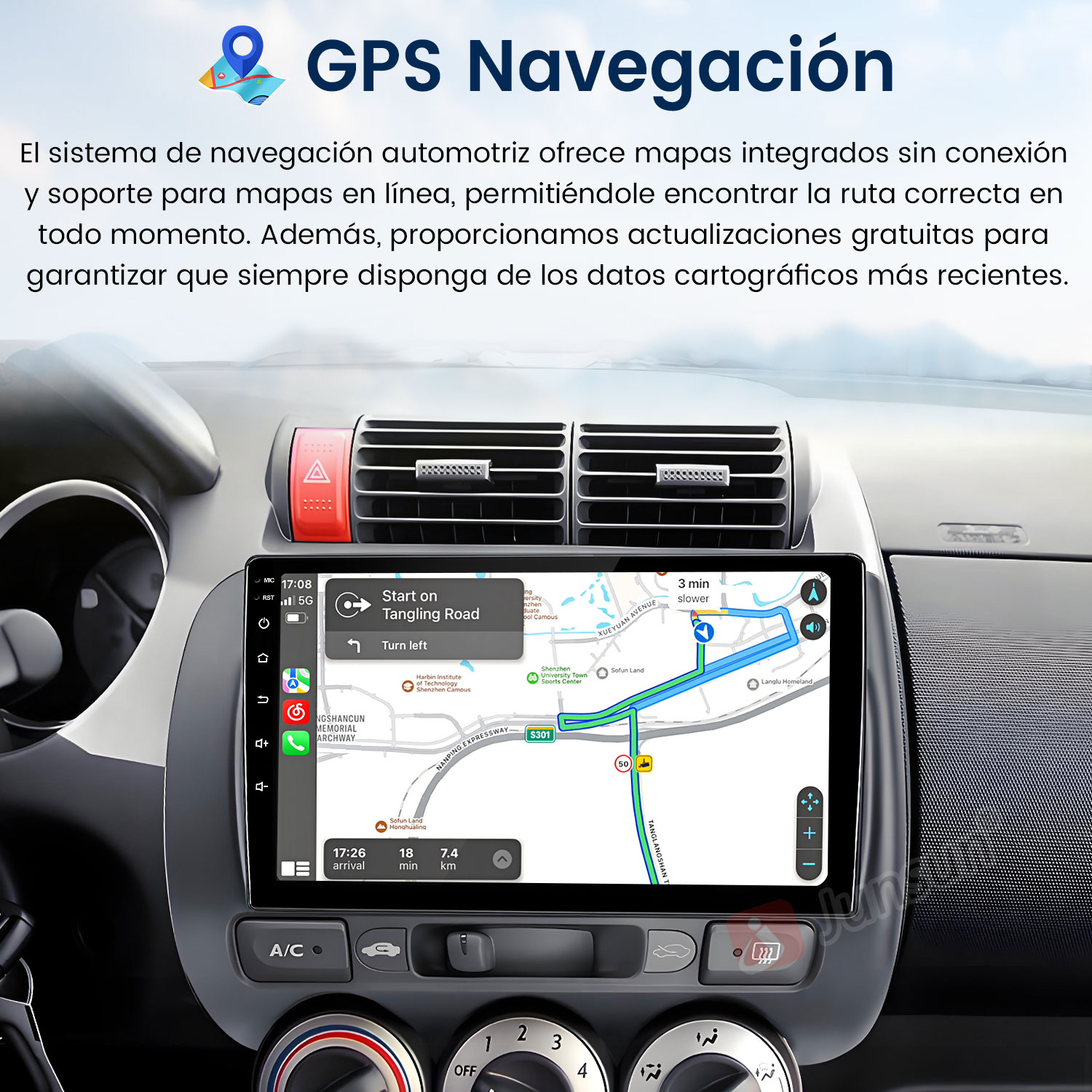 Pantalla del sistema de navegación del coche que muestra un mapa con indicaciones. Pantalla en el salpicadero.