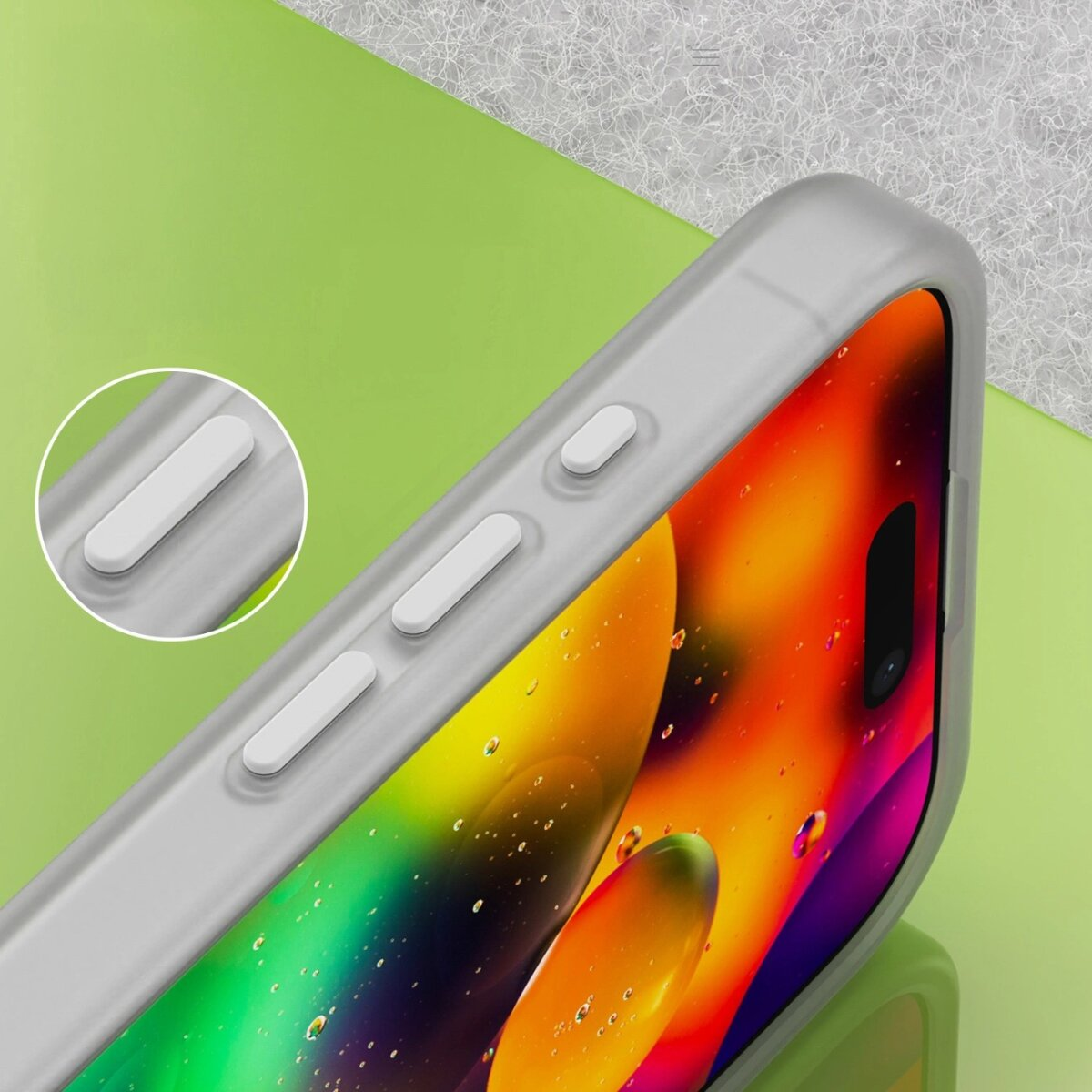Nahaufnahme eines Telefons in einem grauen Gehäuse. Der Bildschirm zeigt ein buntes, abstraktes Design. Weiße Knöpfe sind an der Seite.