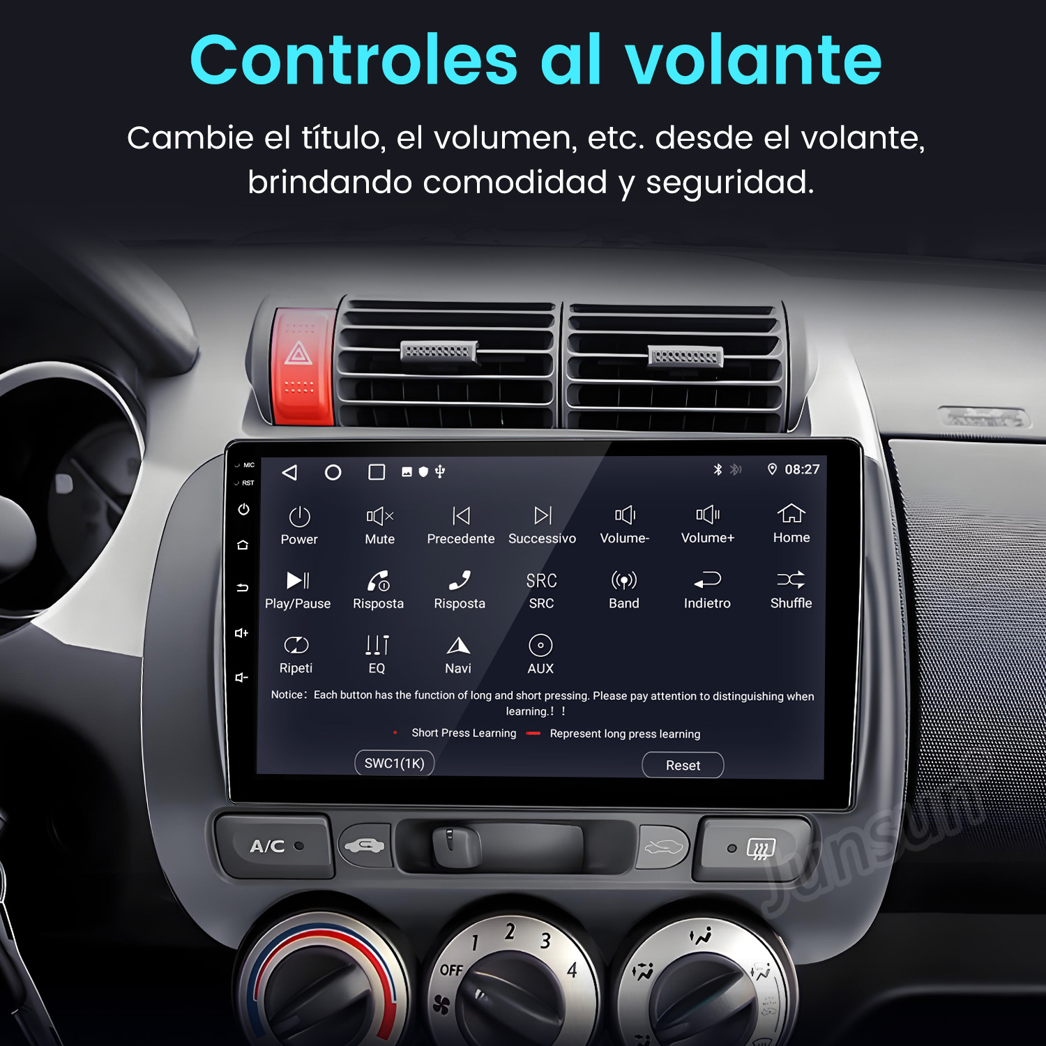 Panel de coche con pantalla que muestra controles, botones y texto. La pantalla muestra opciones de volumen y navegación.