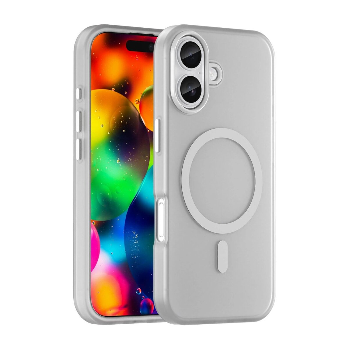 Graue Handyhülle mit Handy. Das Handy zeigt bunte abstrakte Kunst. Die Hülle hat ein kreisförmiges Design auf der Rückseite.