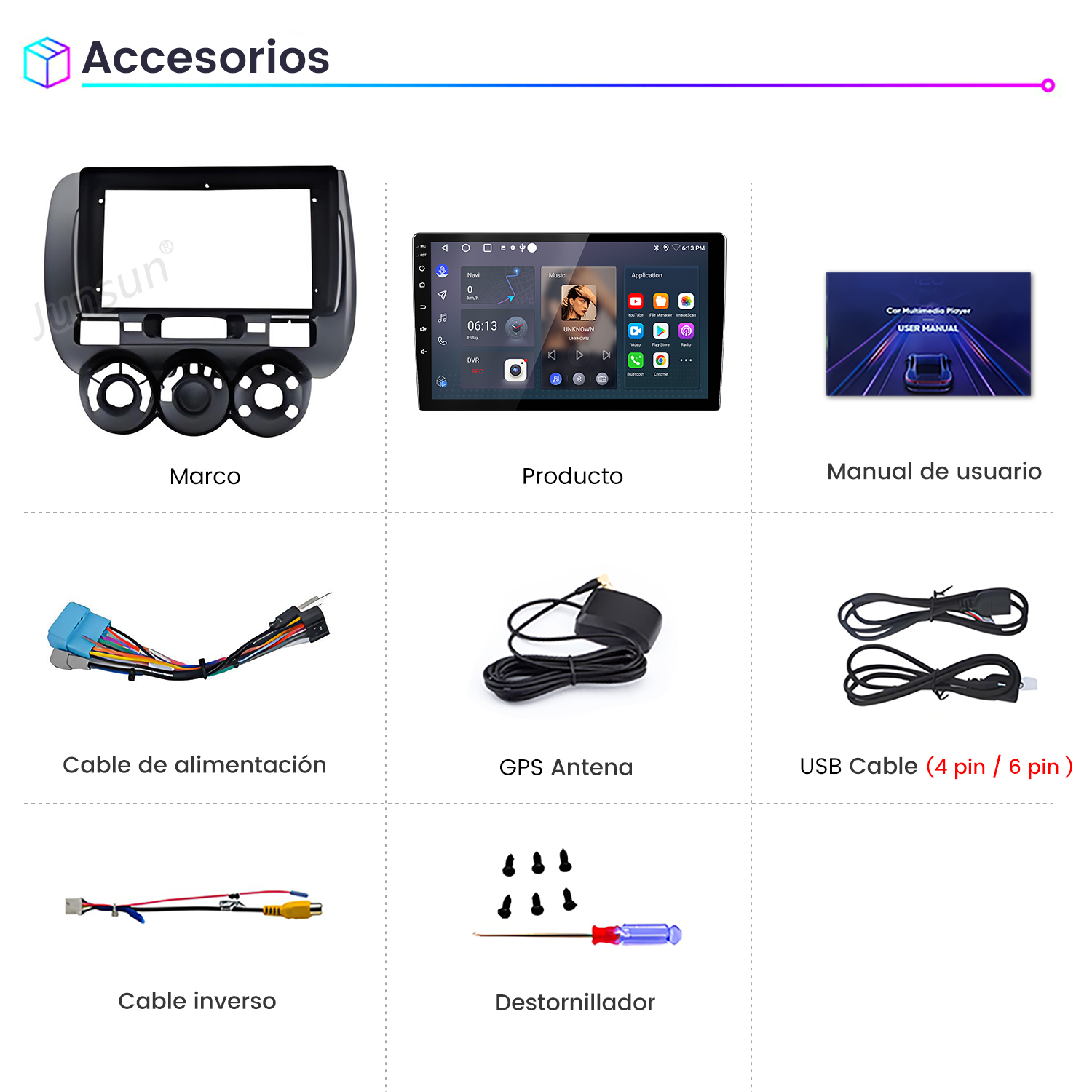Imagen muestra accesorios multimedia para automóviles: marco, pantalla del producto, manual del usuario, cables, antena GPS, USB, cable inverso y destornillador.