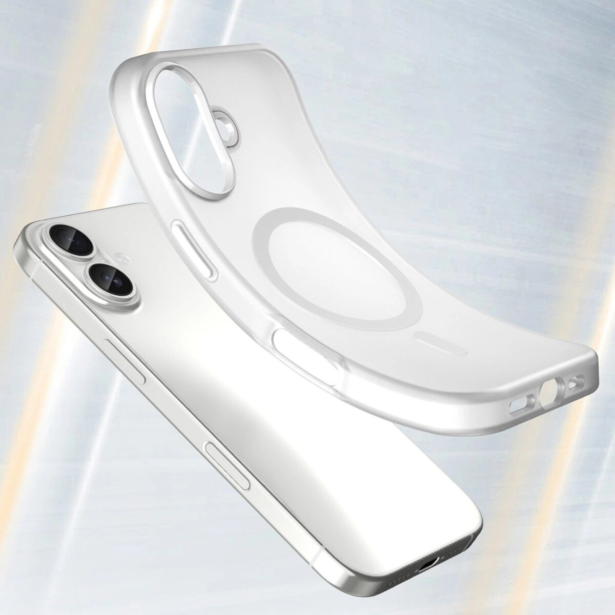 Ein silbernes Smartphone mit einer durchsichtigen Handyhülle. Die Hülle befindet sich über dem Telefon. Der Hintergrund hat einen weißen und grauen Farbverlauf.