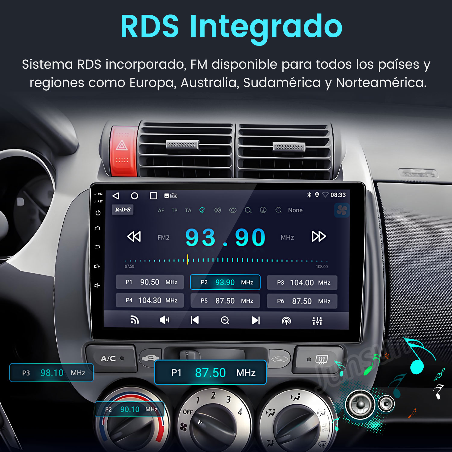 Pantalla del estéreo del coche que muestra información de radio. Muestra la frecuencia 93,90 MHz. Se ven botones y perillas. Texto RDS Integrado en la parte superior.