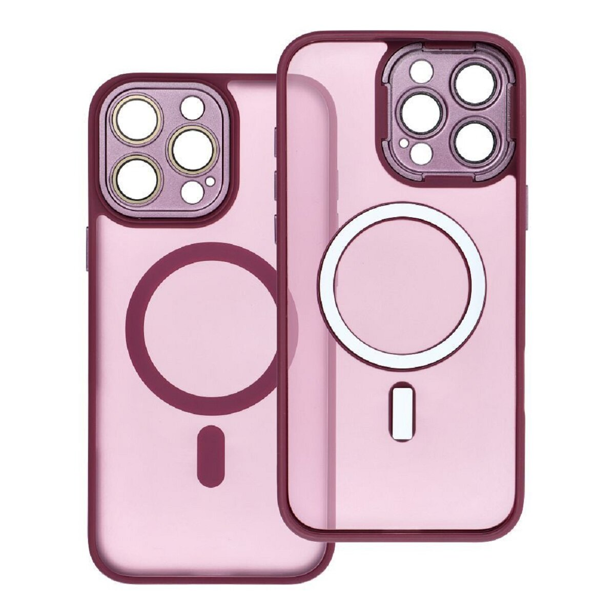 Zwei transparente, rosa Handyhüllen. Jede hat einen dunkelroten Rand. Eine mit kreisförmigem Magnetdesign, die andere mit ovalem Design.