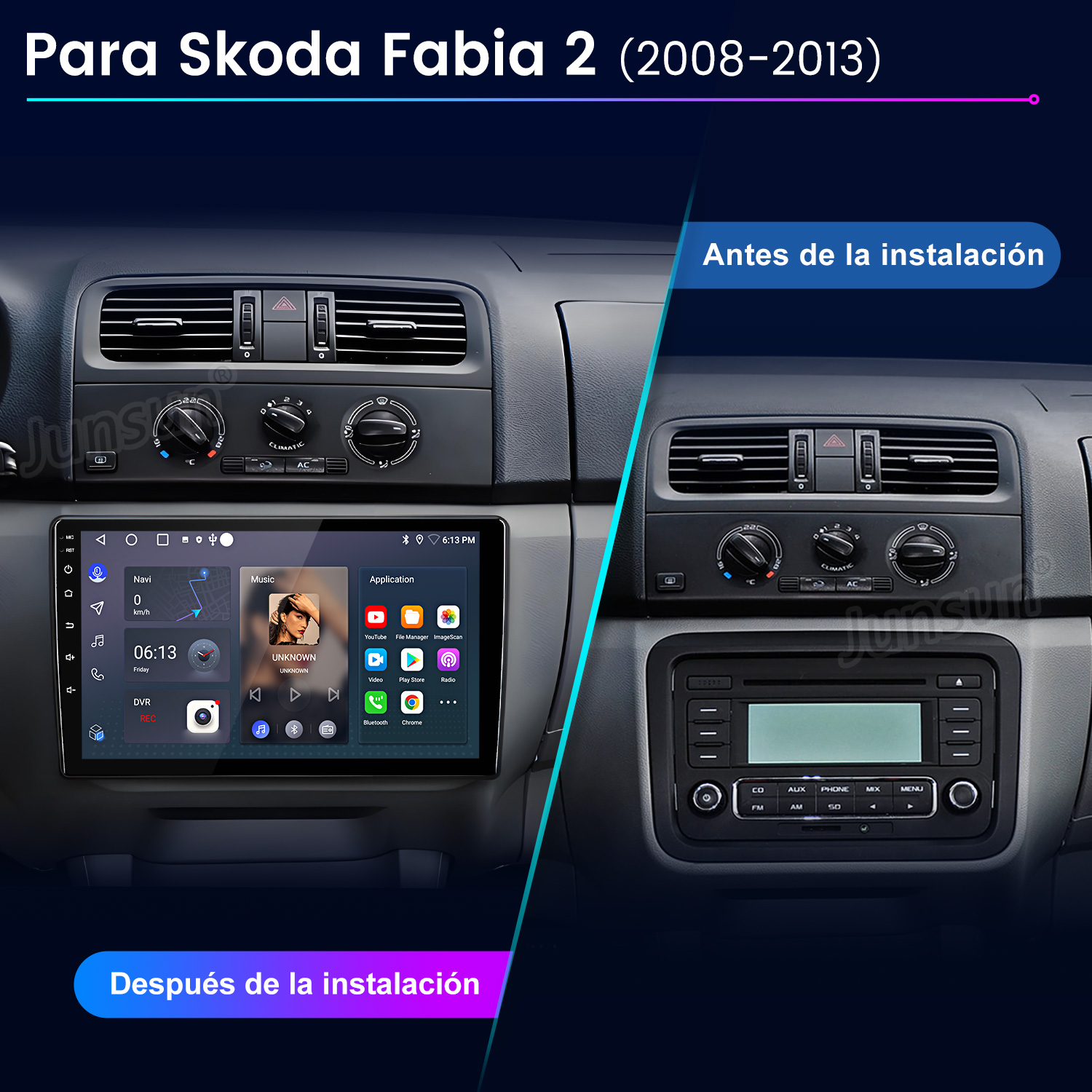 Comparación del salpicadero del coche antes y después de instalar un sistema multimedia. Muestra la radio y una pantalla con navegación y música.