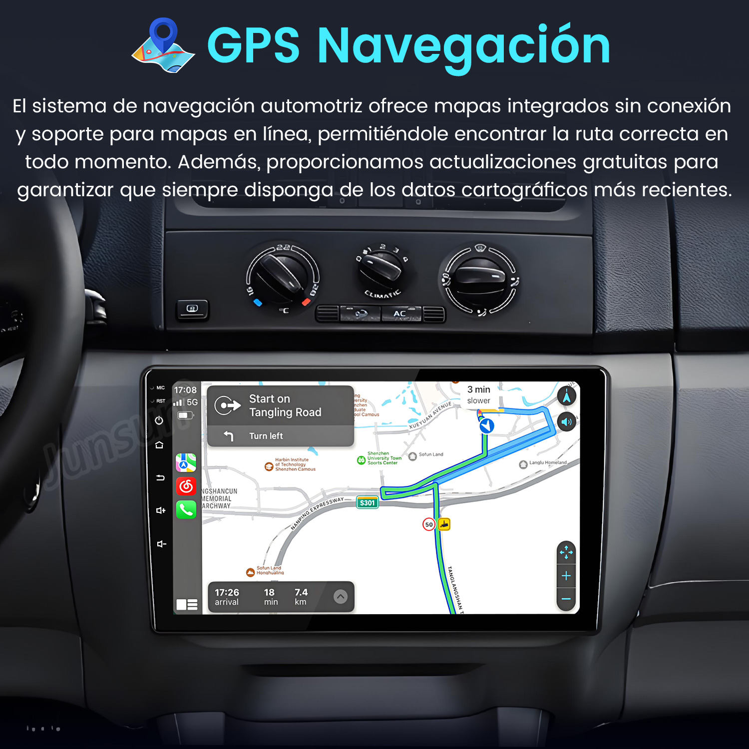 Panel del coche con navegación GPS, mapa de ruta y botones de control.