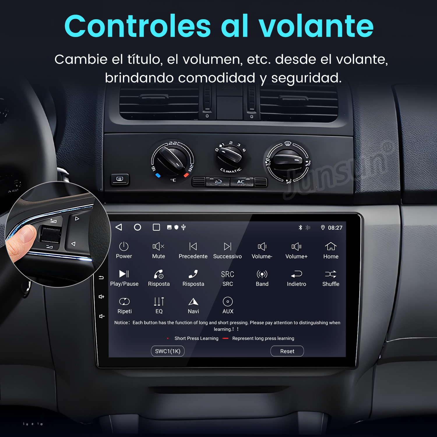 Panel de control del coche con pantalla táctil. Botones para encendido, volumen y más. Controles del volante a la izquierda.
