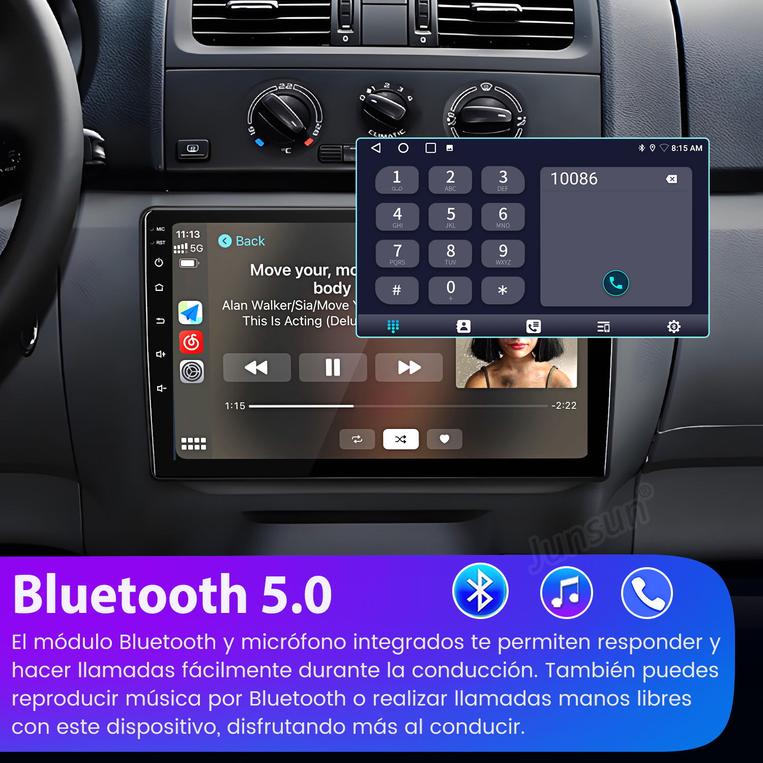 Radio de coche con pantalla táctil que muestra un teclado telefónico y un reproductor de música. Se ven el logotipo y el texto de Bluetooth.