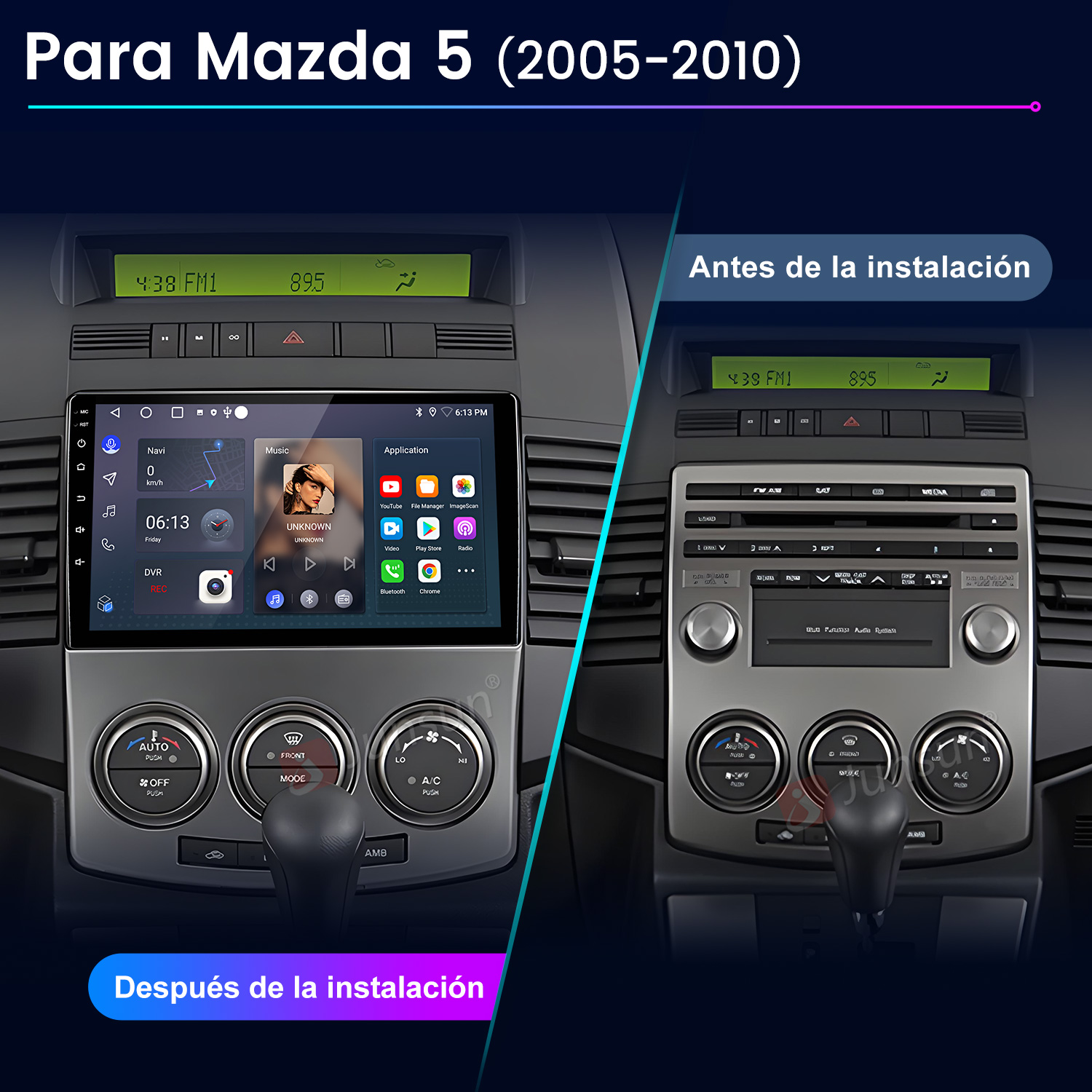 La imagen muestra el salpicadero de un coche antes y después de instalar un nuevo sistema multimedia. Incluye detalles de radio y pantalla.