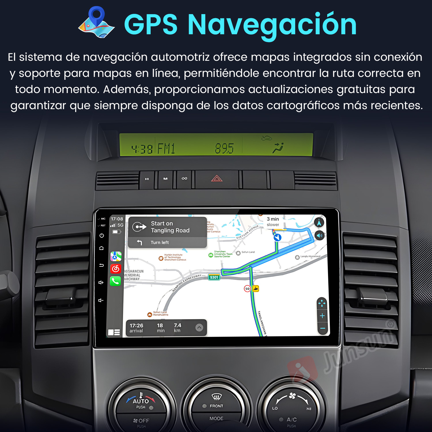 Pantalla del sistema de navegación del coche mostrando mapa con guía de ruta. Botones y controles del salpicadero visibles.
