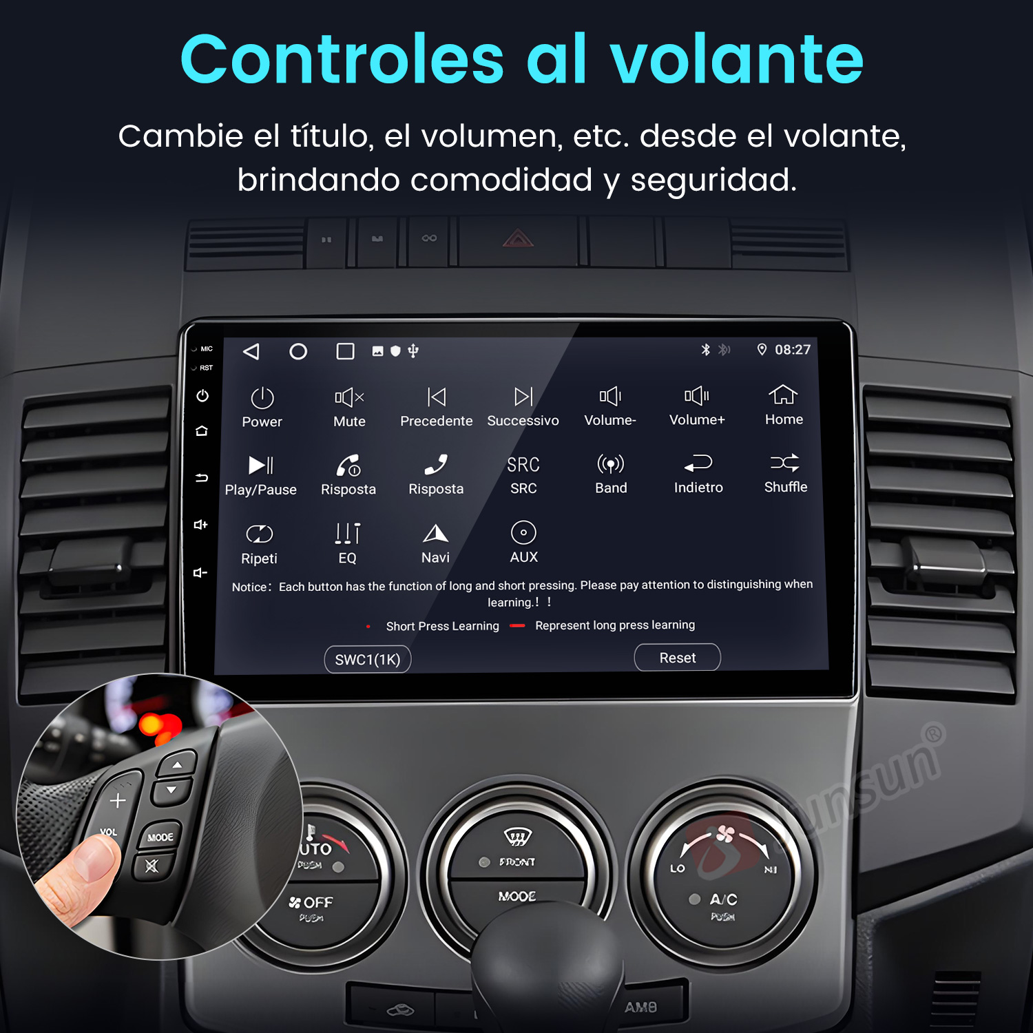 Panel del coche con pantalla y botones. Se ven los botones del volante. Texto en español. La pantalla muestra iconos y texto.