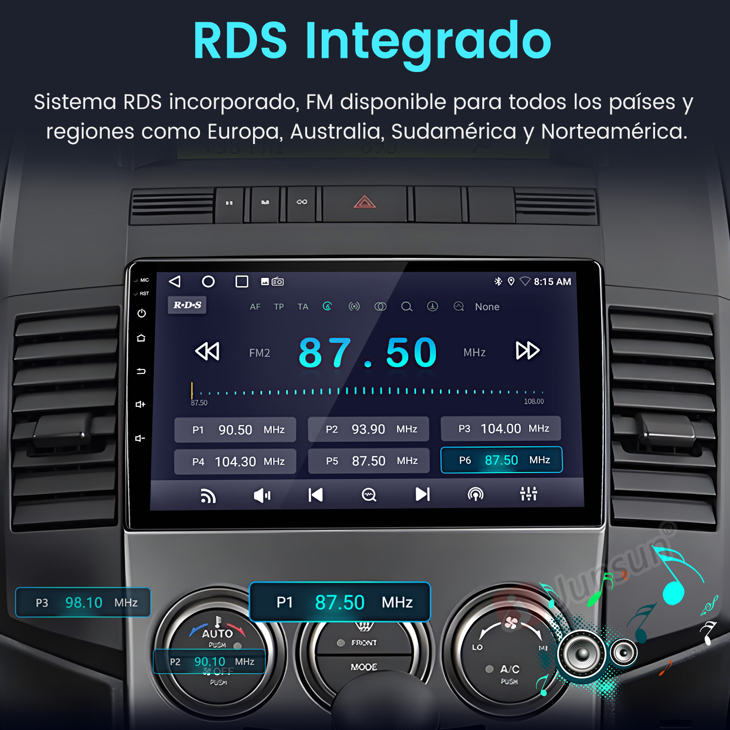 Pantalla de radio de coche mostrando información de radio FM. Botones y diales visibles. Texto: 'RDS Integrado'.