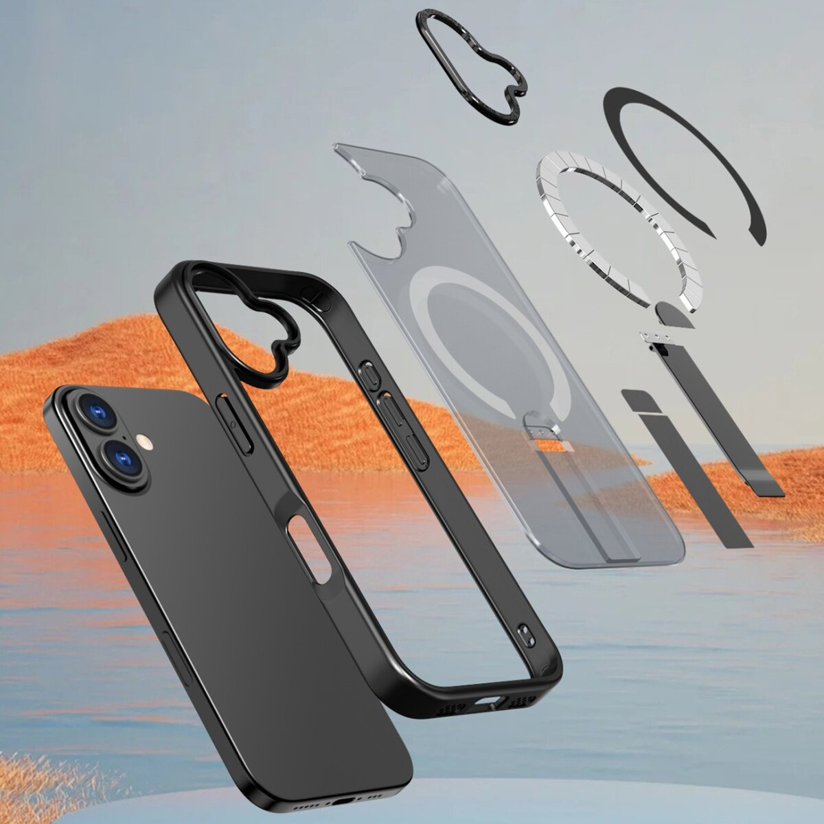 Zerlegtes Handycase mit schwarzem Handy. Teile umfassen einen schwarzen Rahmen, eine klare Rückseite und einen Magnetring, auf verschwommener Landschaft.