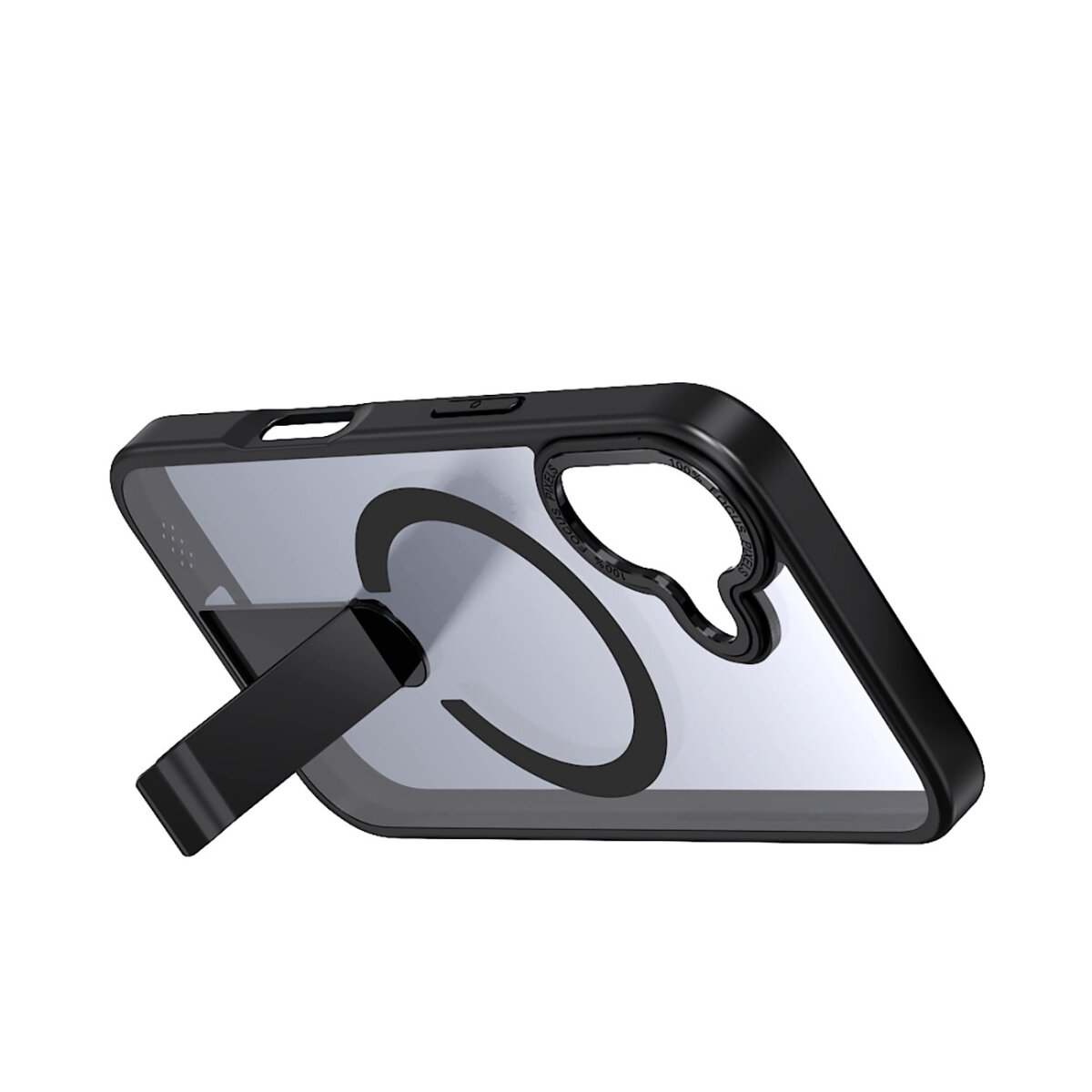 Schwarze Handyhülle mit Ständer. Die Hülle hat eine transparente Rückseite mit schwarzem Design. Der Ständer ist auch schwarz und ausgezogen.