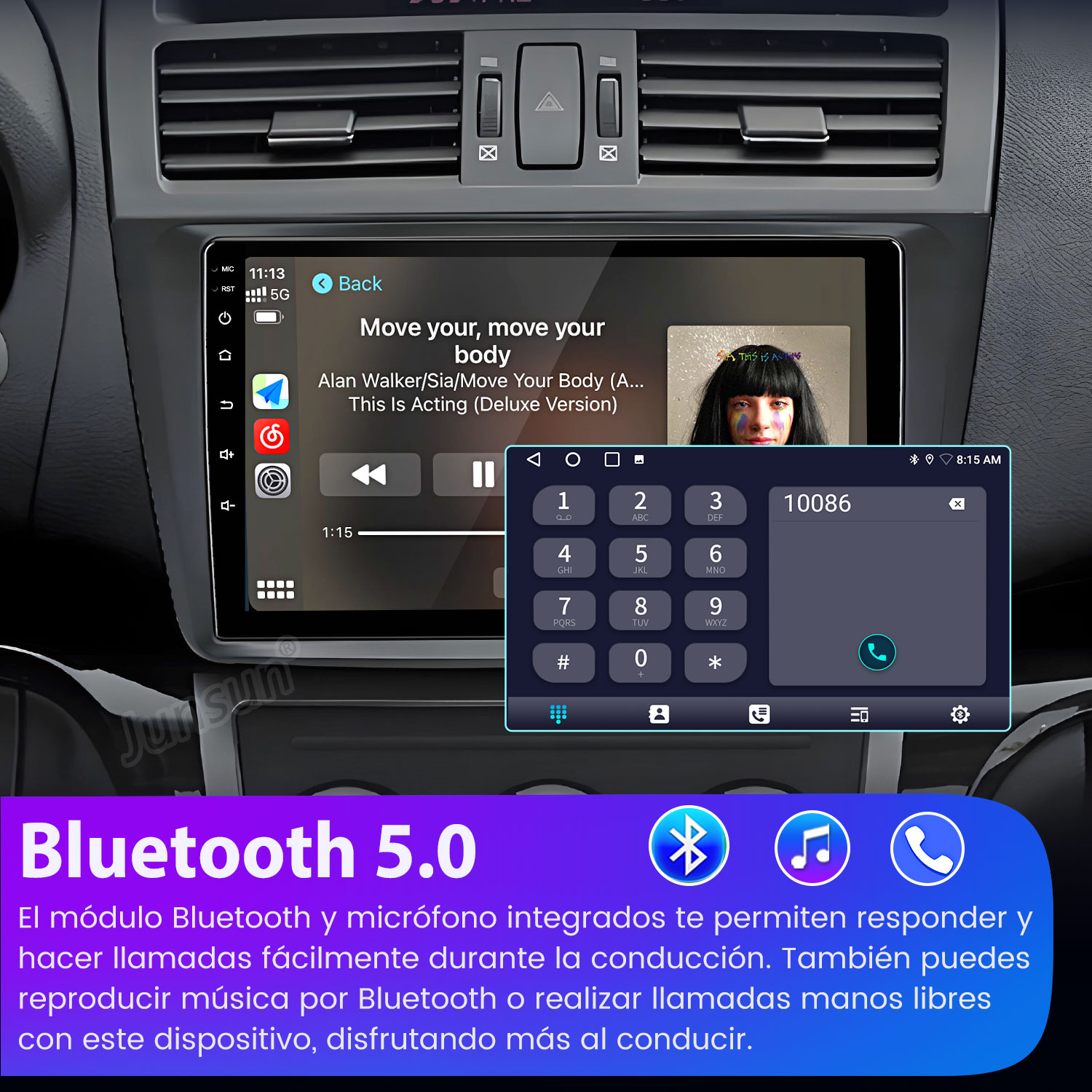 Estéreo de coche que muestra música, marcador telefónico y funciones Bluetooth. La pantalla muestra una canción y un teclado numérico.