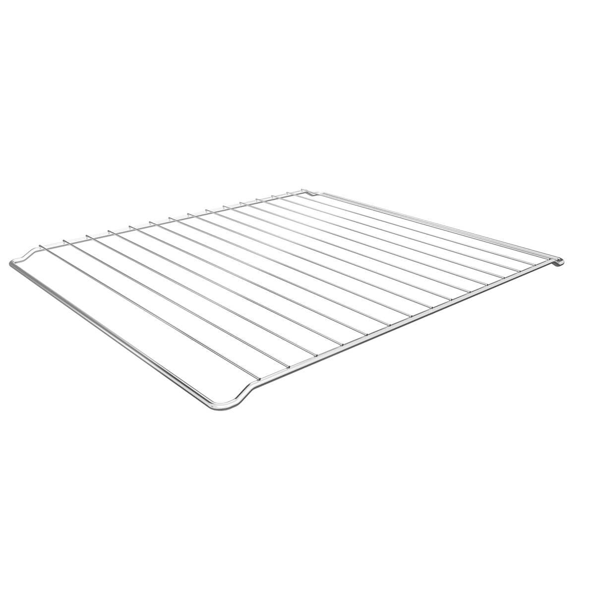 Metalowy ruszt do piekarnika leży płasko na białym tle. Składa się z cienkich, równoległych prętów połączonych grubszą ramą.