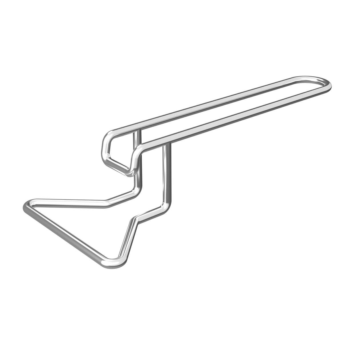 Metalowy, zgięty druciany przedmiot z uchwytem i trójkątną podstawą, na białym tle. Wydaje się być narzędziem kuchennym.