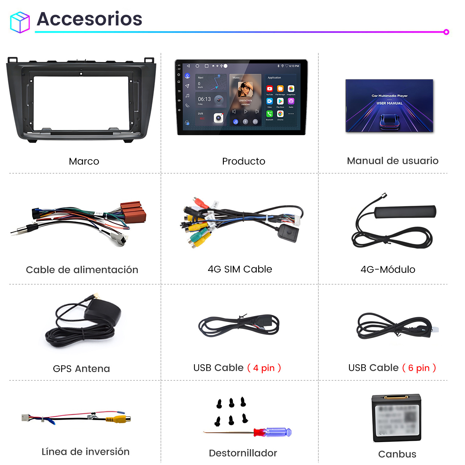 La imagen muestra accesorios para automóviles: un marco, un reproductor multimedia, manual del usuario, cables, antena, destornillador y un dispositivo canbus.