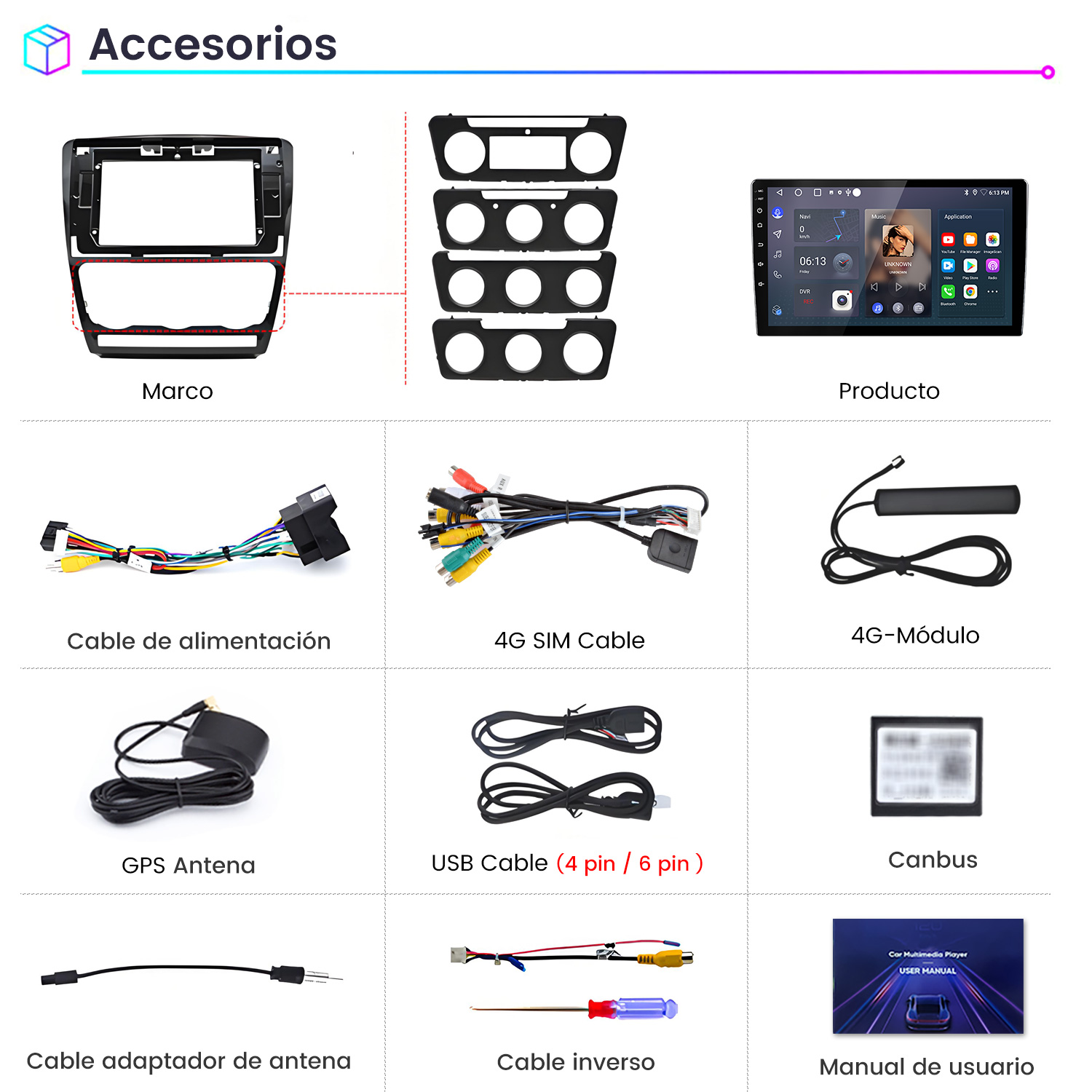 La imagen muestra accesorios para automóviles, incluyendo una pantalla, cables, antenas y manuales. Se muestran varios componentes para sistemas de audio de automóviles.