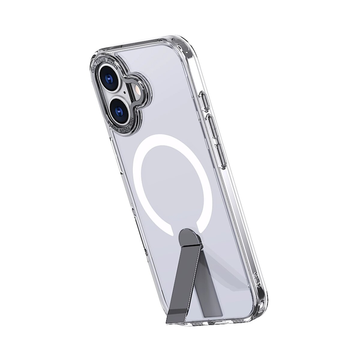Transparente Handyhülle mit Metallständer. Die Hülle hat einen Magnetring und eine Kameraaussparung. Der Ständer ist grau.