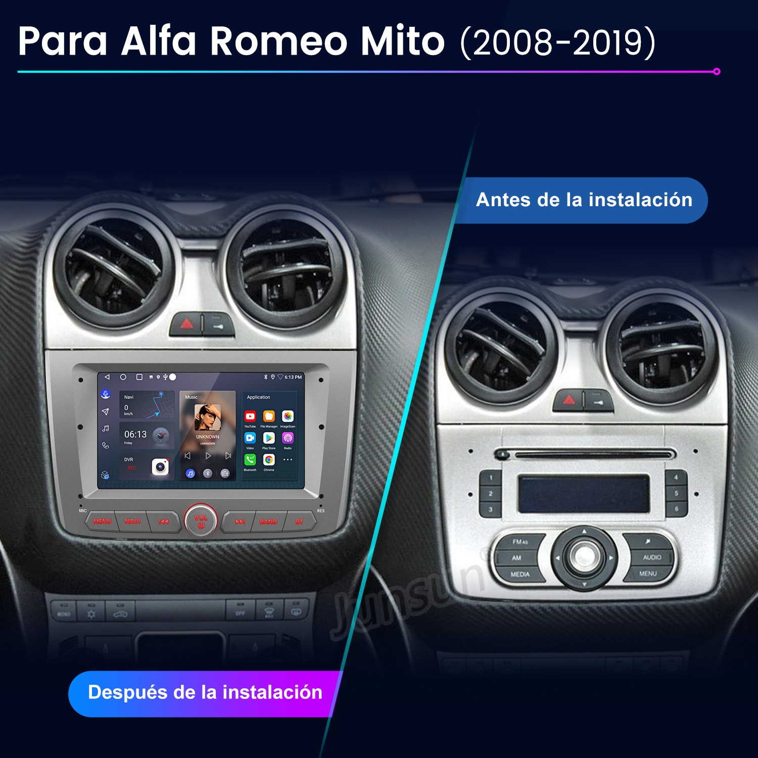 La imagen muestra el salpicadero del coche antes y después de la instalación de la radio. La nueva pantalla de radio muestra música y aplicaciones.