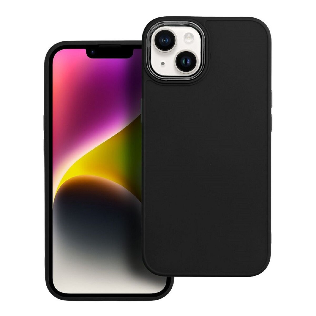 Schwarzes iPhone mit Hülle. Telefon zeigt farbenfrohes Hintergrundbild. Hülle hat Kamera- und Knopfaussparungen. Schwarze Hülle mit schwarzem Telefon.