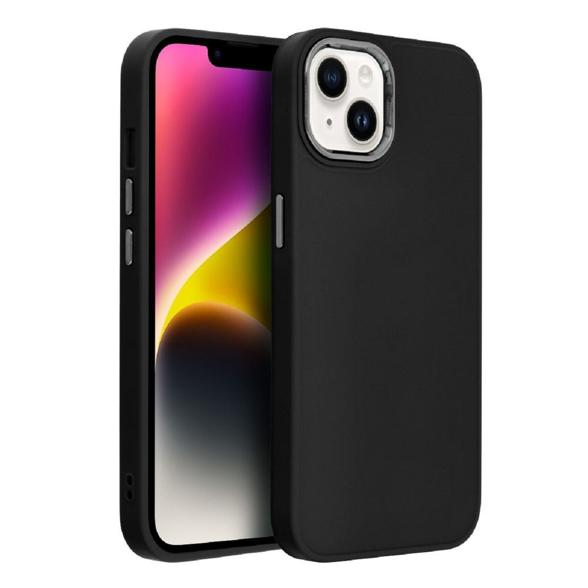 Ein schwarzes iPhone mit schwarzer Hülle. Der Bildschirm zeigt ein farbenfrohes Bild. Die Kameralinsen sind auf der Rückseite sichtbar.