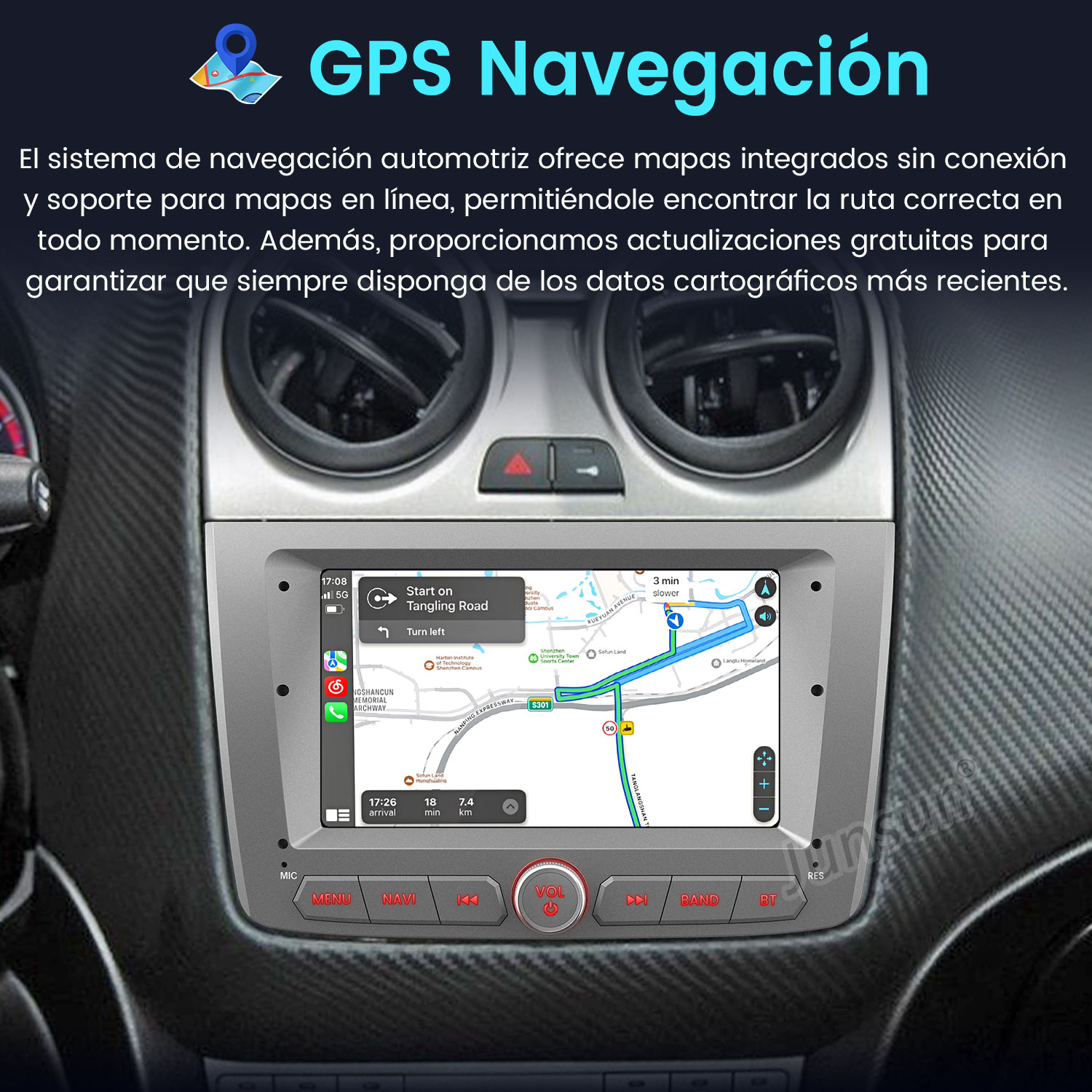 Panel de coche mostrando una pantalla de navegación GPS con detalles del mapa y botones de control. Muestra indicaciones.